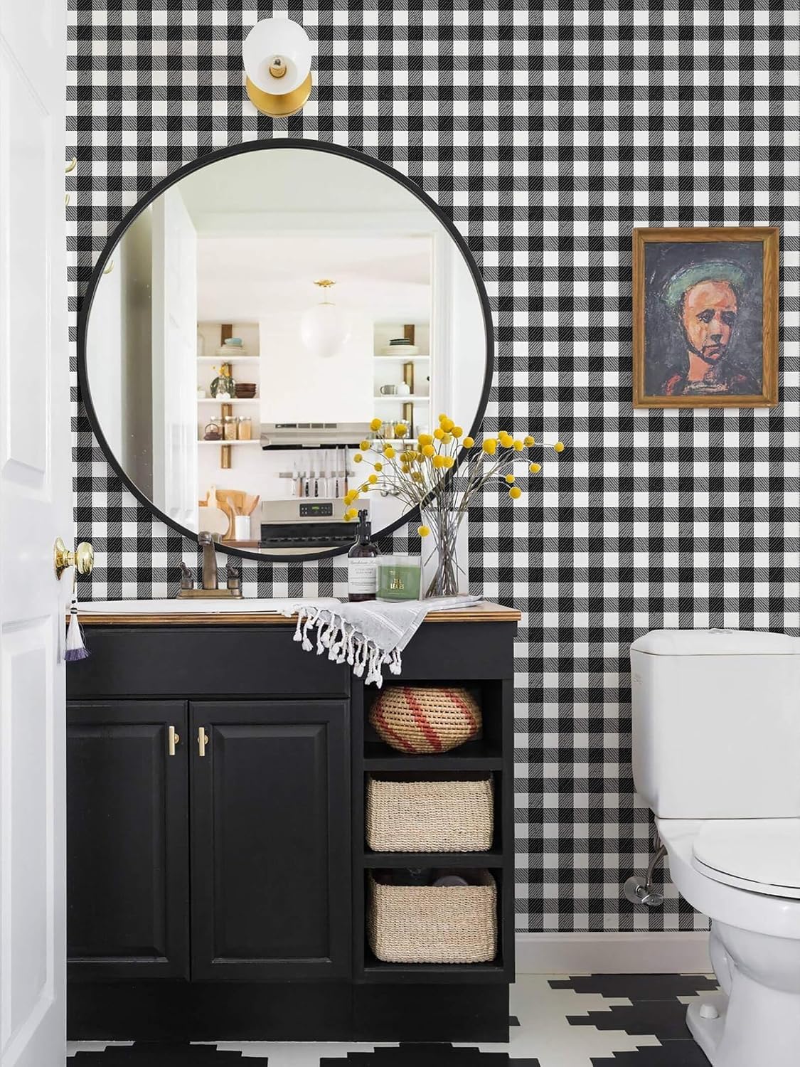 Checkered Wallpaper Black and White Wallpaper 393" × 17.3" Peel and Stick Modern Plaid Wall Paper for Cabinets Vinyl Renter Friendly Waterproof Self-Adhesive Bathroom Kitchen Bedroom