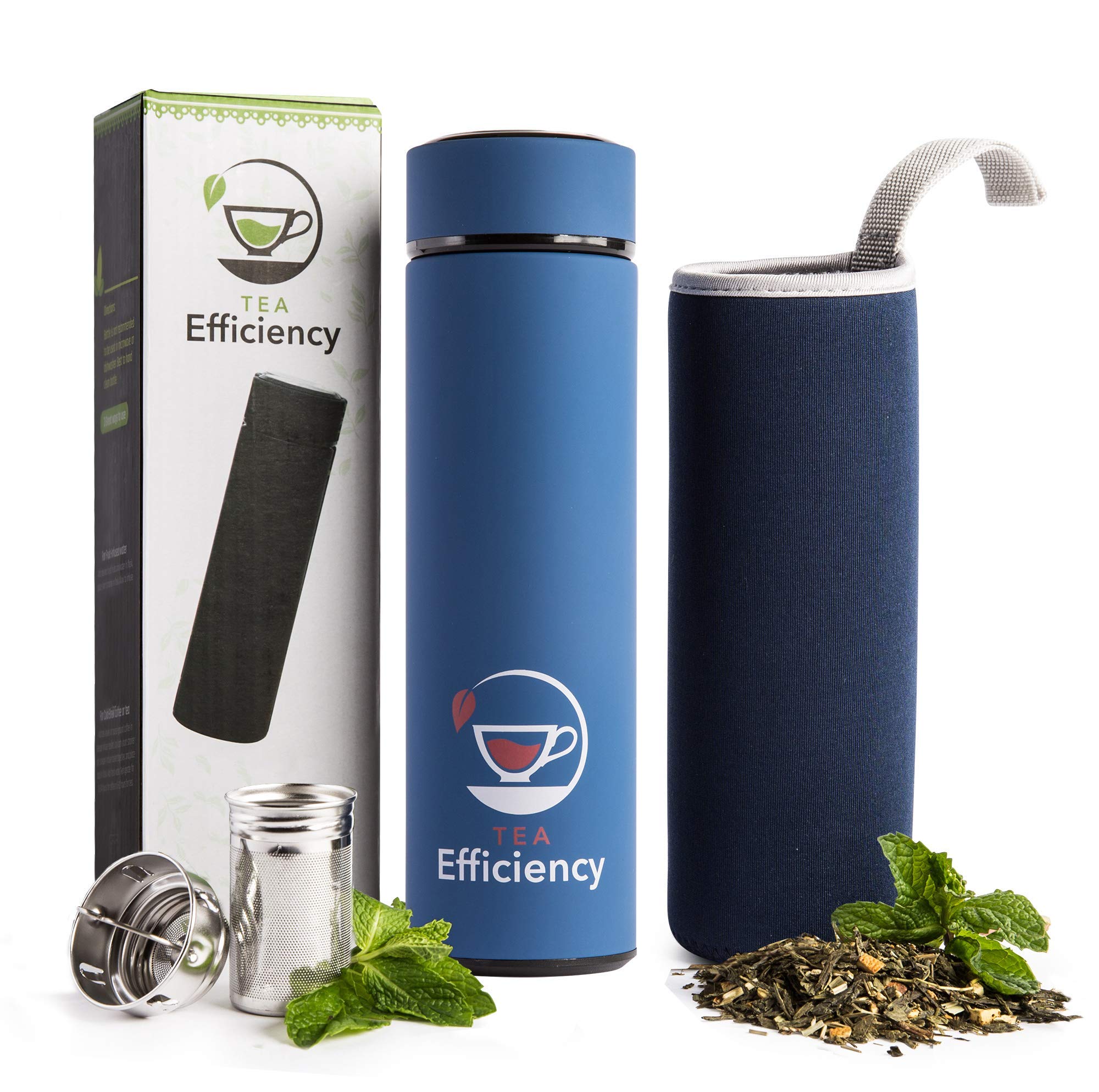 tea tumbler / travel tea mug with strainer / loose leaf tea infuser bottle / fruit infused flask / double wall insulated stainless steel cold brew coffee thermos (blue)