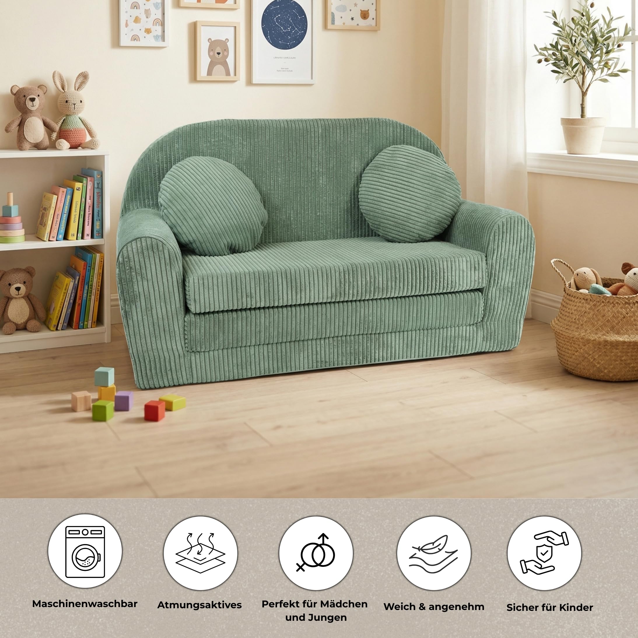 FORTISLINE Kindersofa XXL ausklappbar 96x57x48 cm - Kindercouch aus Cord mit Liegefläche 165 cm, Kinderzimmer Sofa mit 2 Kissen, Abnehmbarer waschbarer Bezug, Oeko-TEX Standard 100
