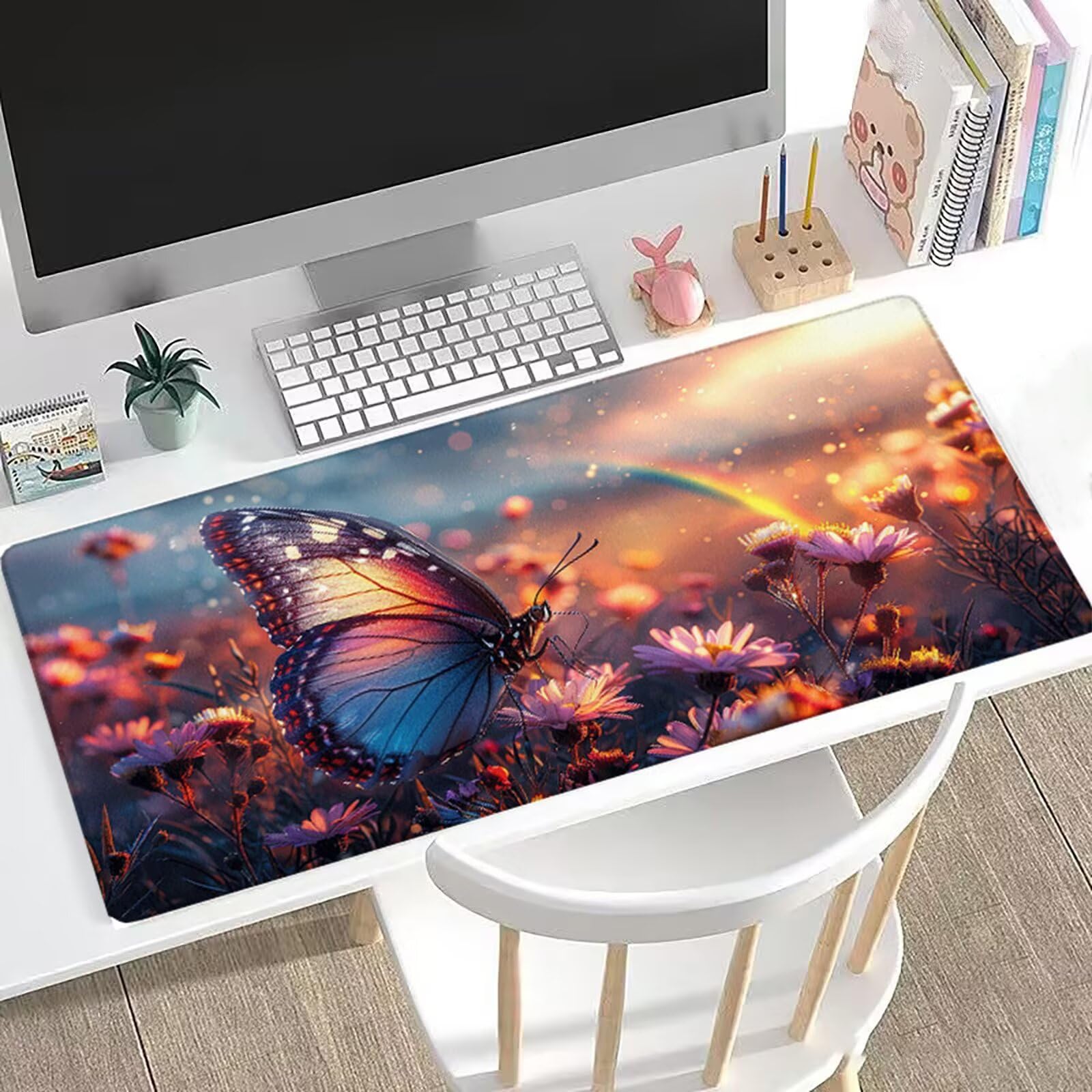 Motyl XXL Gamingowa podkładka pod mysz, 1500 x 800 mm, duża, tęczowa, podkładka pod mysz, antypoślizgowa konstrukcja, poprawia kontrolę, podkładka do pisania, do domowego biura, klawiatura H0-327