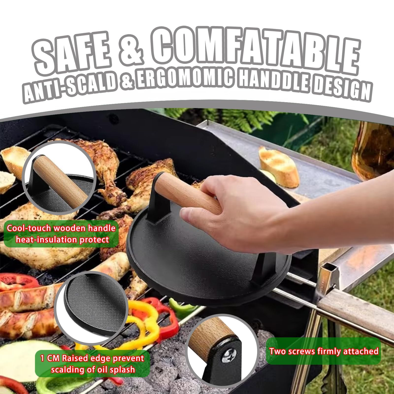 Smash Burgerpresse für Fleisch, Speck, robuste Gusseisen-Grills, Zerkleinerungs-Burgerform, Fleischkuchenmaschine mit Holzgriff für gegrilltes Steak, Speck, Sandwich, Gemüse