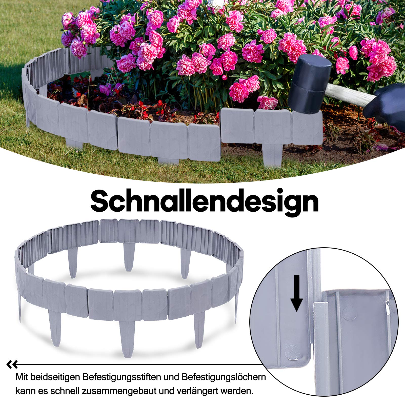 HENGMEI Bordo in Plastica Flessibile per Giardino Bordi per giardini effetto pietra 17,5m-70 Pezzi, 1 elemento (lunghezza x altezza): 25 cm x 23 cm, Grigio