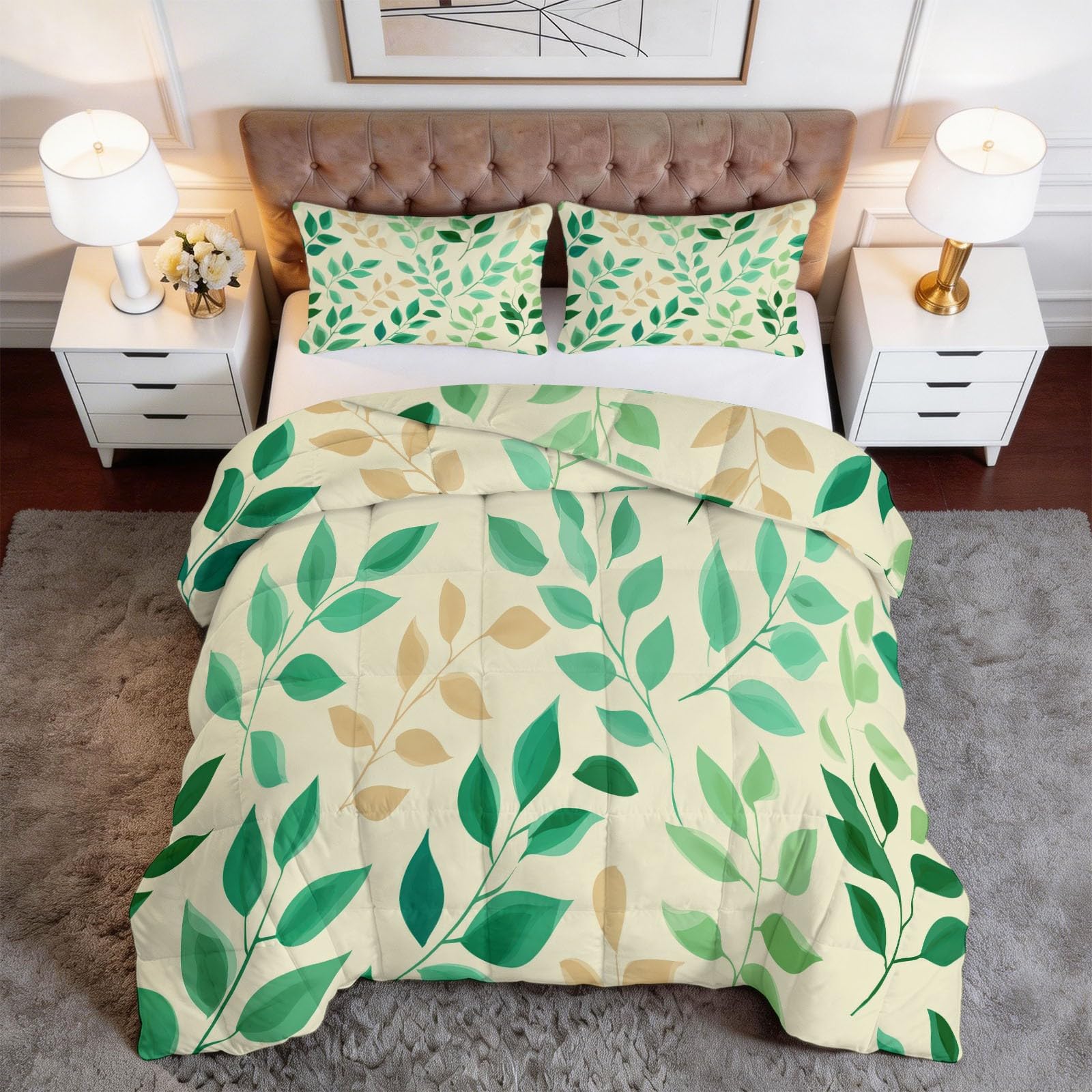 Set Trapunta 3 Pezzi 150x200 cm Foglie verdi e viticci Piumone Letto 4 Stagioni, Trapuntino Anallergico Soffice, Copriletto Trapuntato Moderno per Adulti Bambini