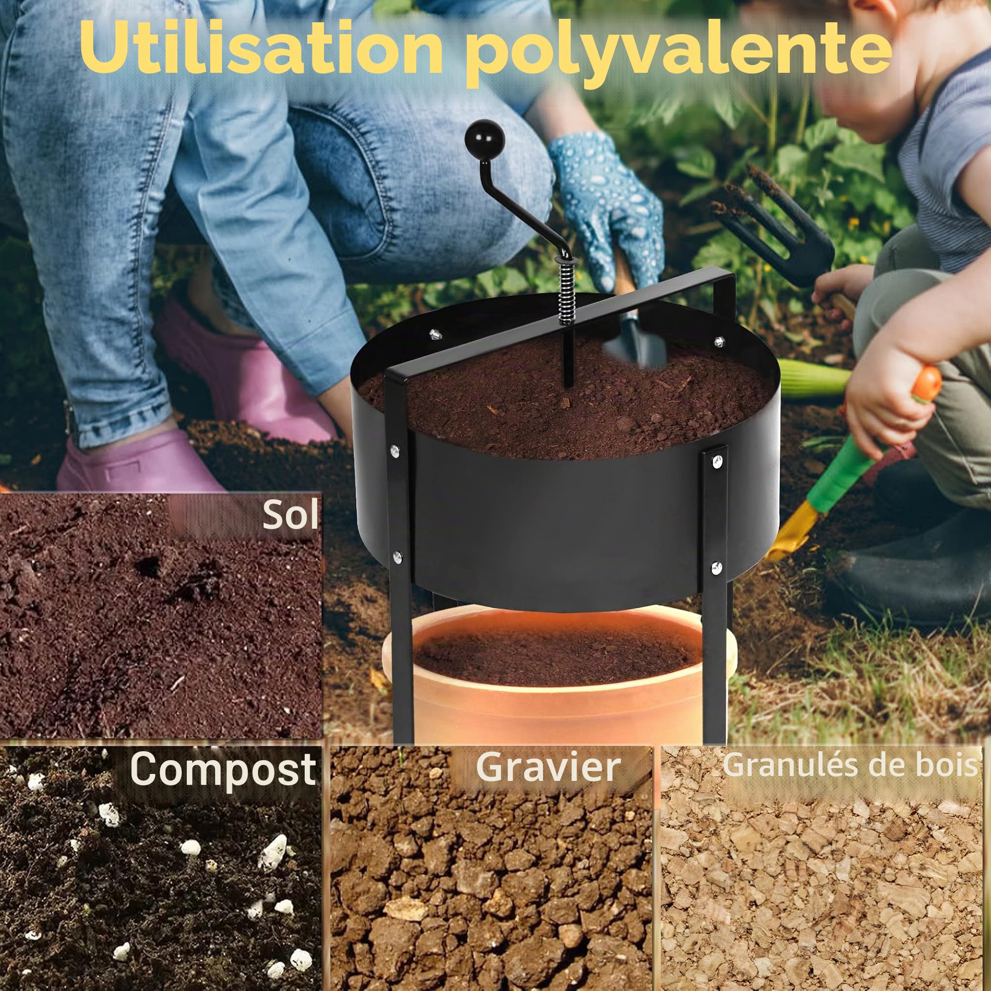 UISEBRT Tamis de jardin - Tamis de sol - Tamis à manivelle - Diamètre : 40 cm - En métal - Pour terre, pierres, compost - Sable - Noir