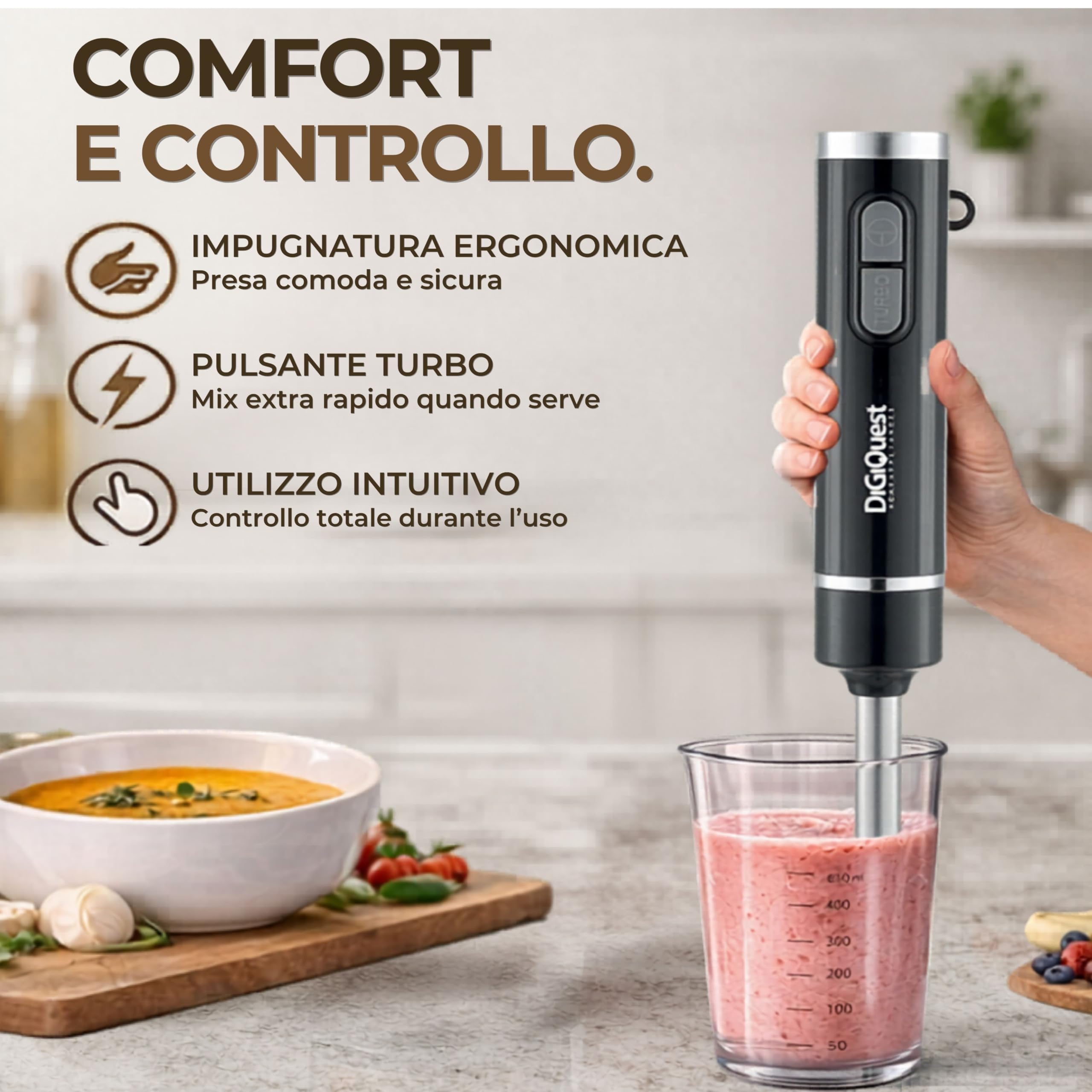 DIGIQUEST Frullatore Ad Immersione Multiuso 3 in 1 Handy 400 Full - Lame e braccio smontabile, Acciaio Inox, Impugnatura Ergonomica, Ciotola e Bicchiere inclusi nella confezione (3in1 ACCIAIO)