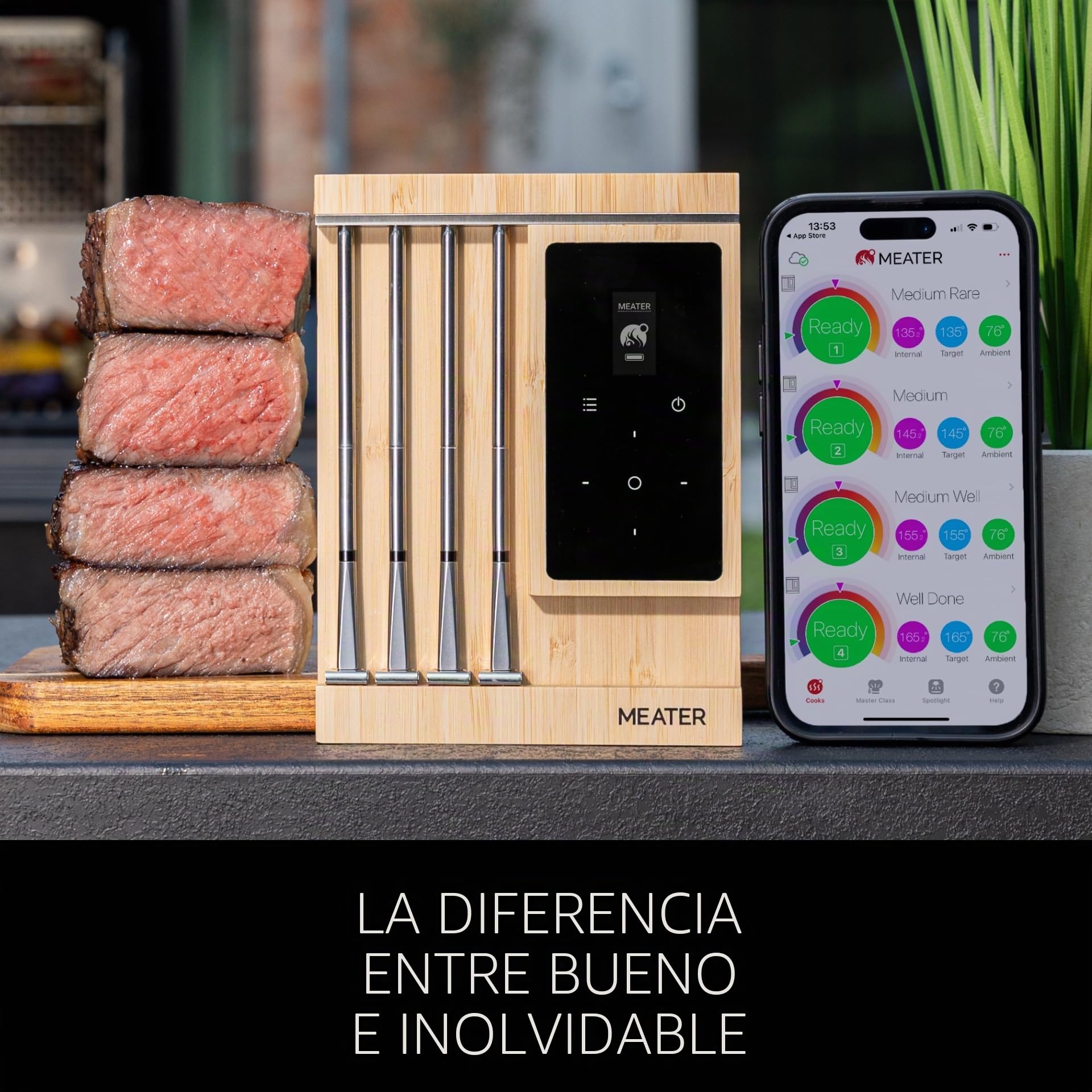 MEATER Pro XL [Nuevo] – El último termómetro inteligente para carne con WiFi y cuatro sondas avanzadas | Barbacoa, horno, parrilla, ahumador, freidora de aire caliente