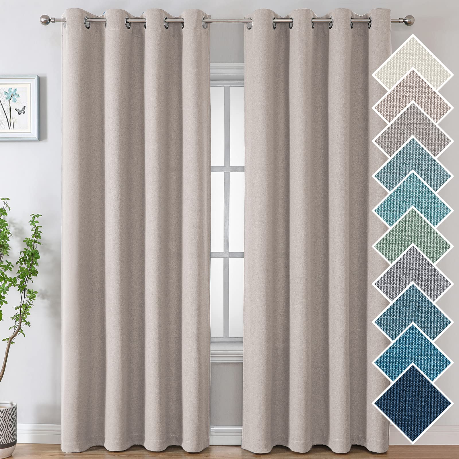 H.VERSAILTEX Faux Linen Textured Curtain for Bedroom/Living Room Thermal Insulated Grommet Linen Look Curtain Drapes Soft Rich Material Light Reducing Drape Panels, 2 Panels, 52 x 84 Inch, Sand