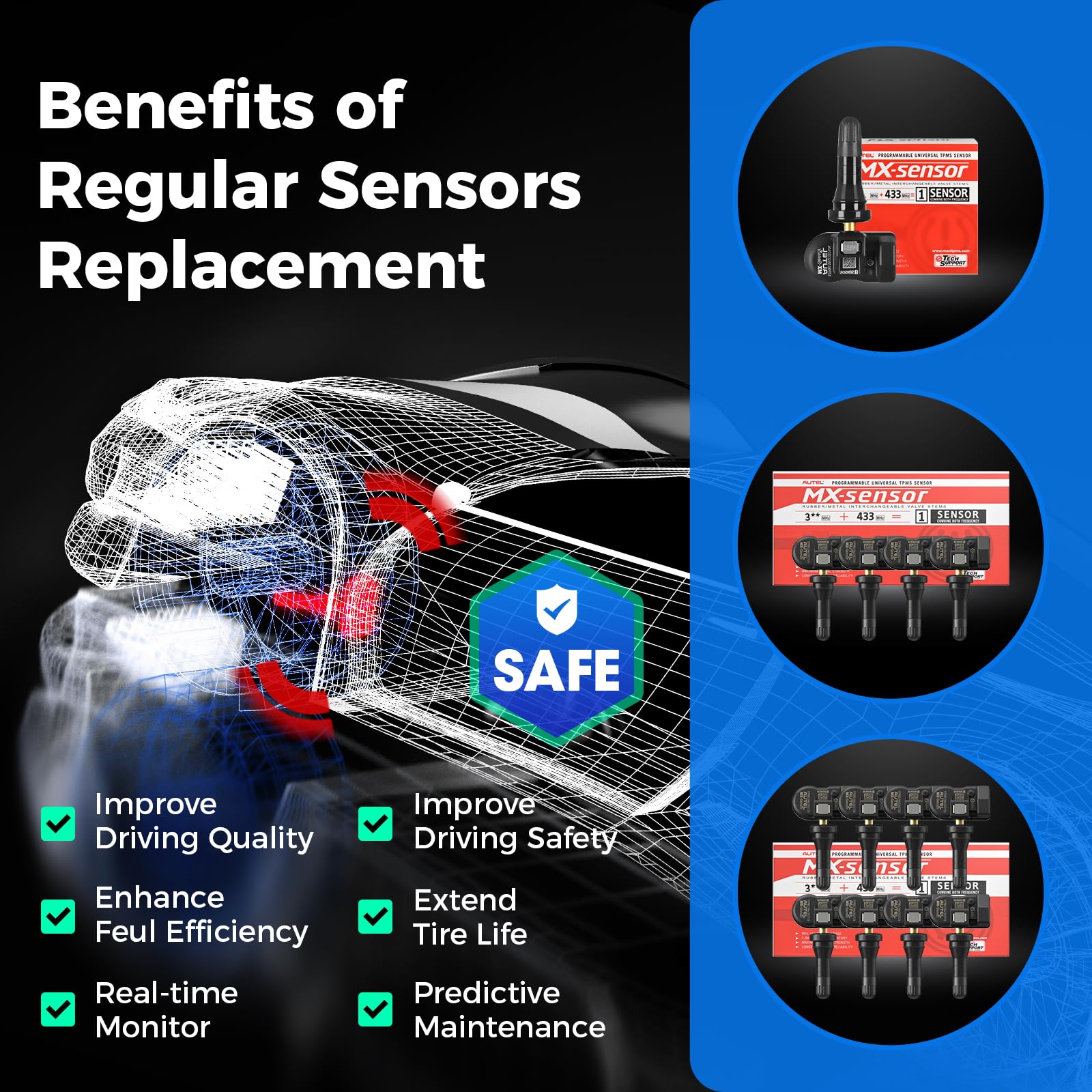 Autel RDKS Sensor 2en1 MX-Sensor, Duale Frequenz OE-Niveau TPMS-Sensoren für 99% Autos, Funktioniert mit TS408S TS501Pro TS508WF TS601,Programmierbarer & Klonbarer Reifensensor(Gummiventil, 4 Stück)