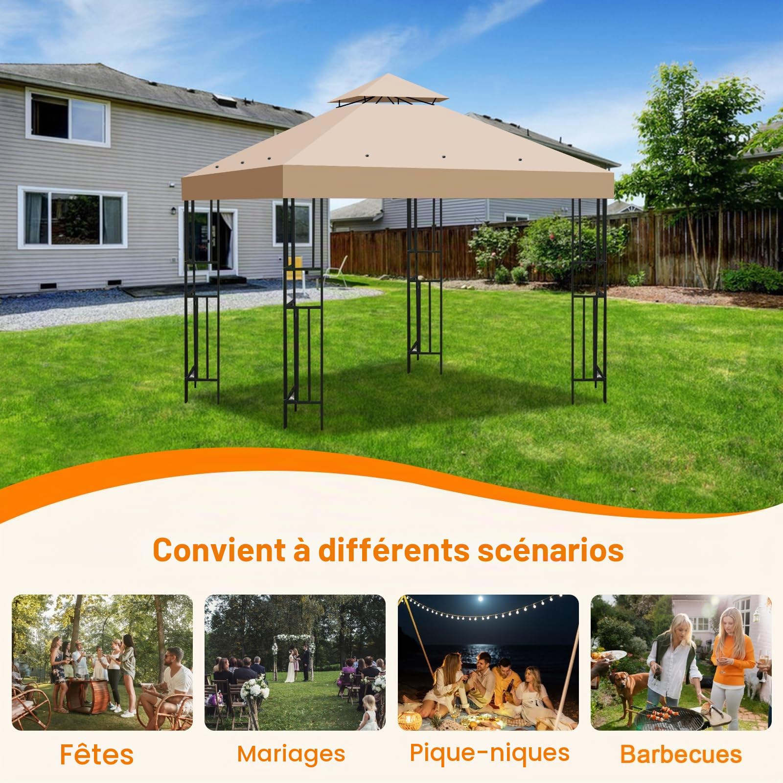 Toit de Remplacement pour Tonnelle 3x3m Imperméable et Protection Solaire, Double Ventilation Toile Rechange Tonnelle pour Jardin, Camping et Terrasse (Kaki)