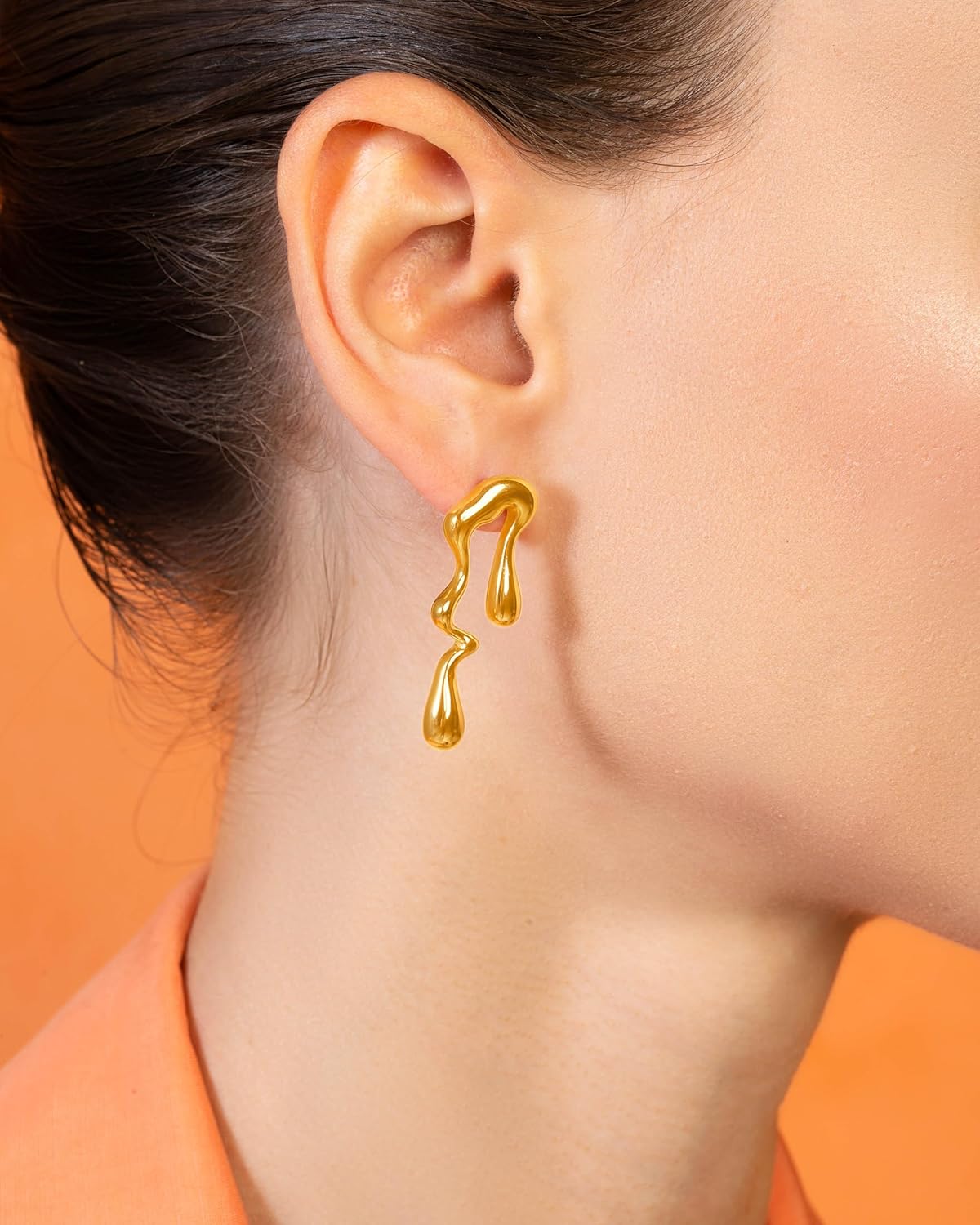 Asymmetrical Earrings, Dripping Mismatched Melting Liquid Dangle Drop Earrings, 18K Gold Plated Stainless Steel Gift for Women (Gold) - Image 4