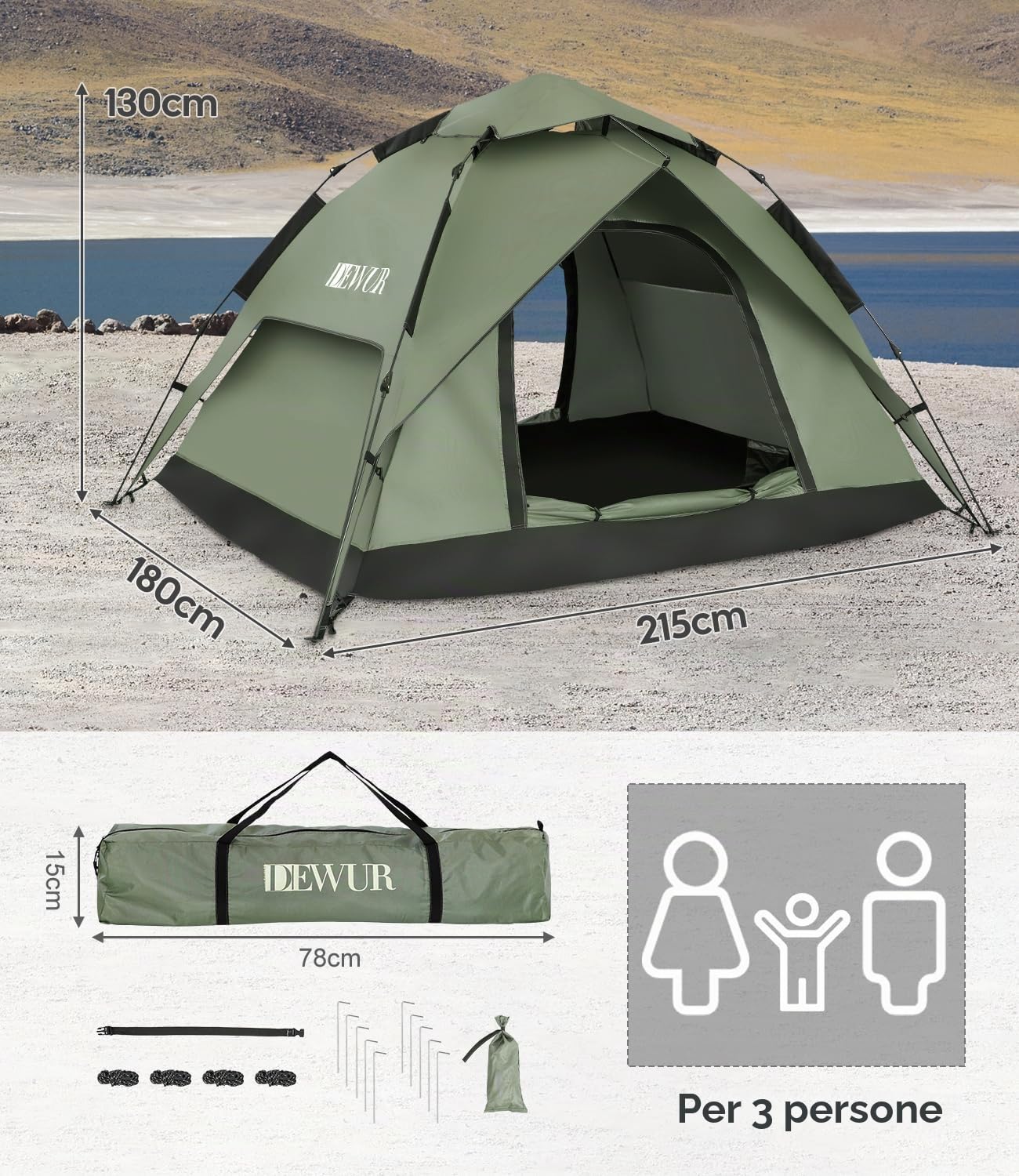 DEWUR Tenda da campeggio per 2-4 persone, impermeabile, pop-up, tenda da spiaggia, gazebo, tenda da sole, protezione UV per trekking, campeggio, attività all'aperto, festival