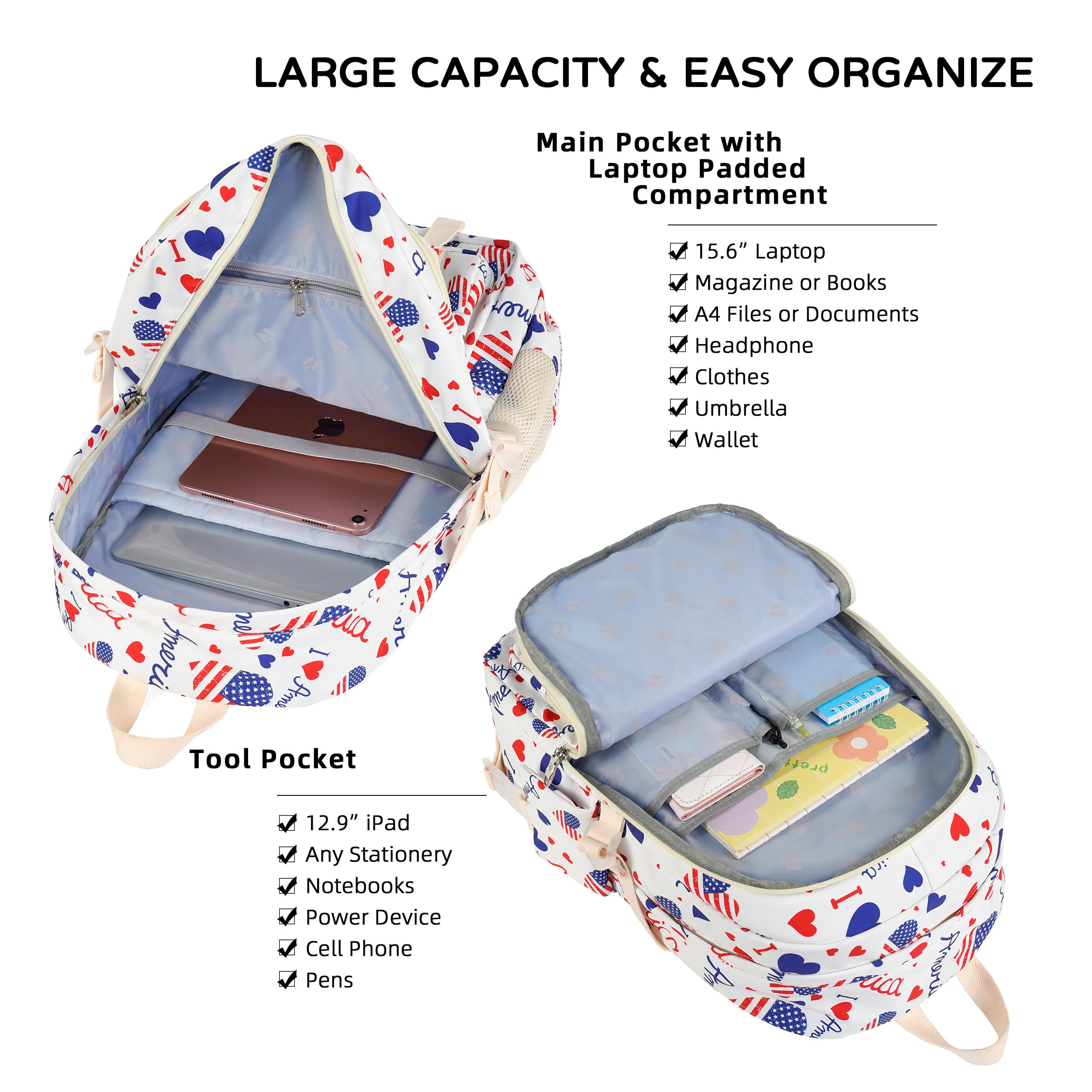 Hidds Zaino per computer portatile, 39 cm, per scuola, università, viaggi, grandi libri, per adolescenti, ragazze, donne, studenti, Beige, Regular, Zaini scuola, zaino universitario, zaini, zaino da