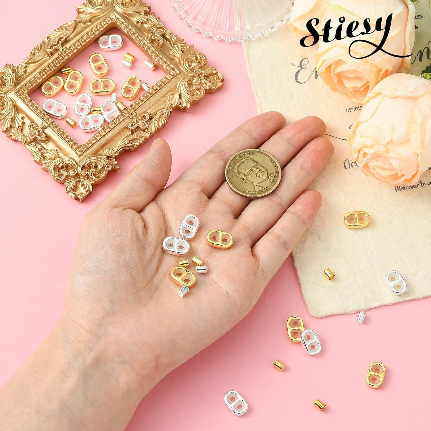Stiesy 40 Pcs DIY Brass Cord Ends with Silicone Slides 2-Hole Adjustable Clasps & Insert Rubber Beads Findings for DIY Leather Cord Bracelet Necklace Repair Kits Jewelry Findings