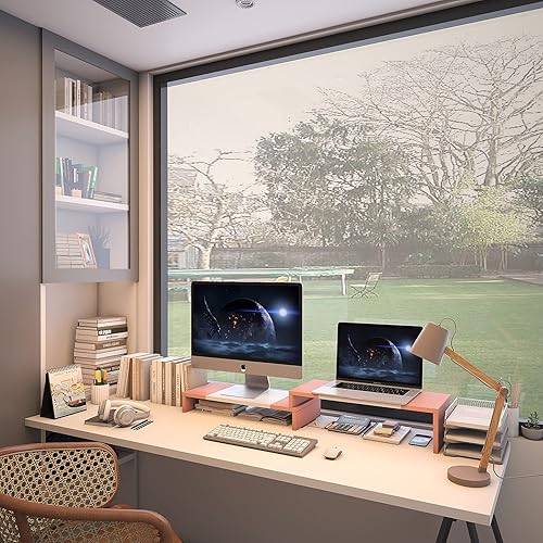 Miniatura 5 de WESTREE Soporte para monitor doble, soporte elevador para monitor, soporte para monitor de computadora de 2 estantes con longitud y ángulo