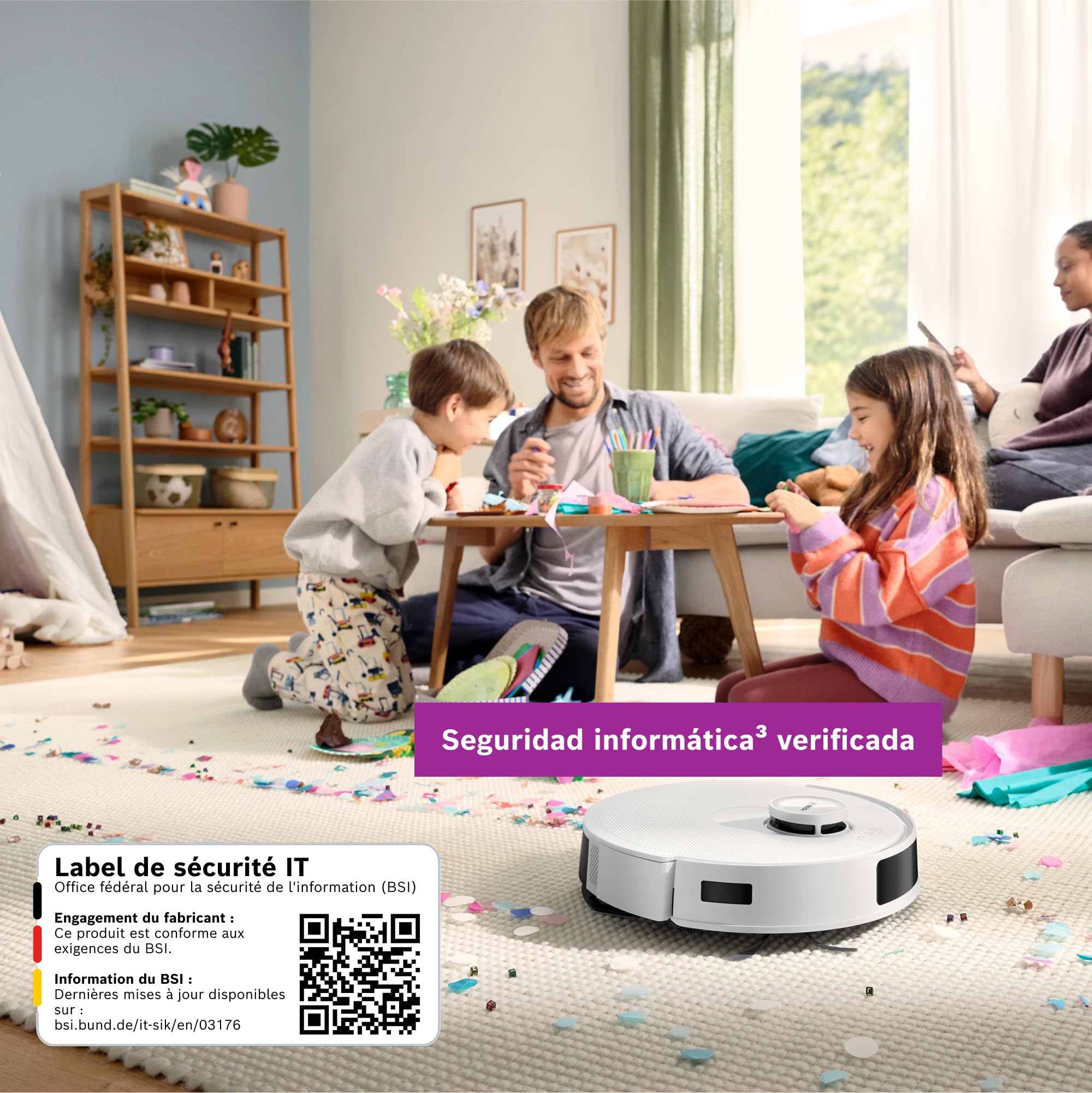 Bosch - Robot Aspirador Spotless +, aspira y friega, Potencia 11.000 Pa², Almohadilla húmeda Fija, estación Seca, Sistema Inteligente de visión por Infrarrojos, Bosch Home Connect App, Blanco, BCRD1W