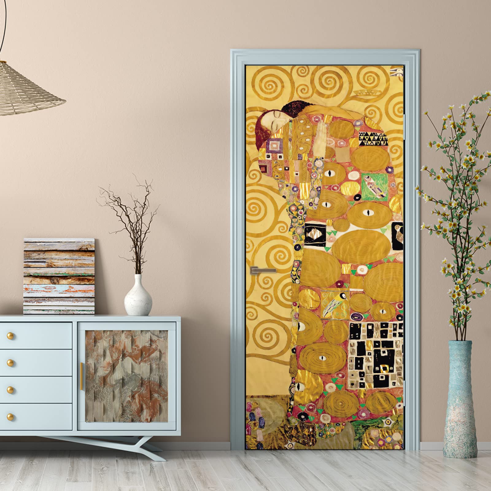 Mural na drzwi 77 x 200 cm Klimt Kiss naklejki na drzwi usuwalne wodoodporne DIY samoprzylepne naklejki artystyczne PCW, naklejka na drzwi do wystroju pokoju