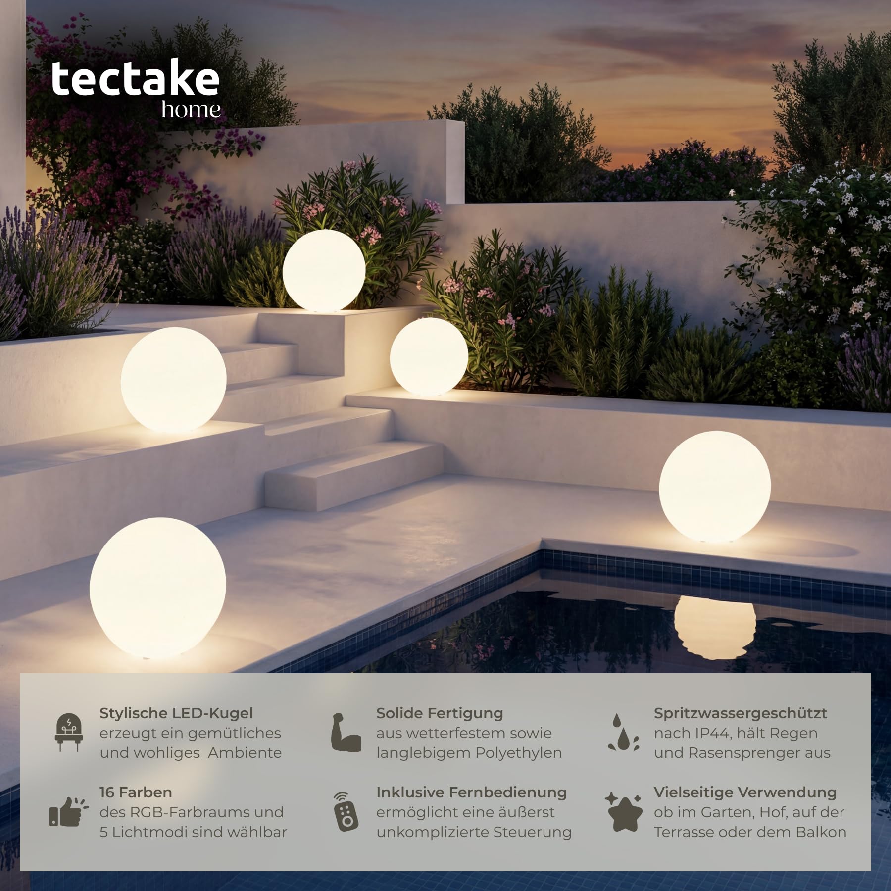 tectake® LED Kugelleuchte, Ø 40 x 40 cm, outdoor Lampe, Deko Garten, Beleuchtung Garten oder Nachttischlampe, LED Tischlampe, Deko Wohnzimmer, Balkon Deko, Wegeleuchten außen, Außenleuchte - Size M