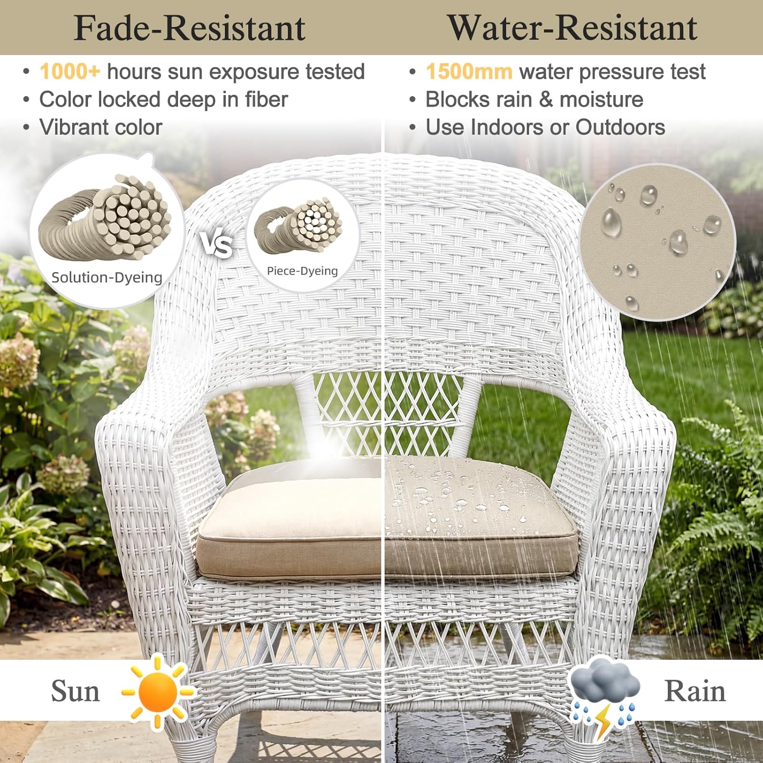 BPS 18 x 19 Inch Outdoor Chair Cushion Set of 2, Fade-Resistant and Water-Resistant Solution-Dyed Polyester Fabric Patio Chair Cushions with Straps for Outdoor/Indoor Dining Chairs