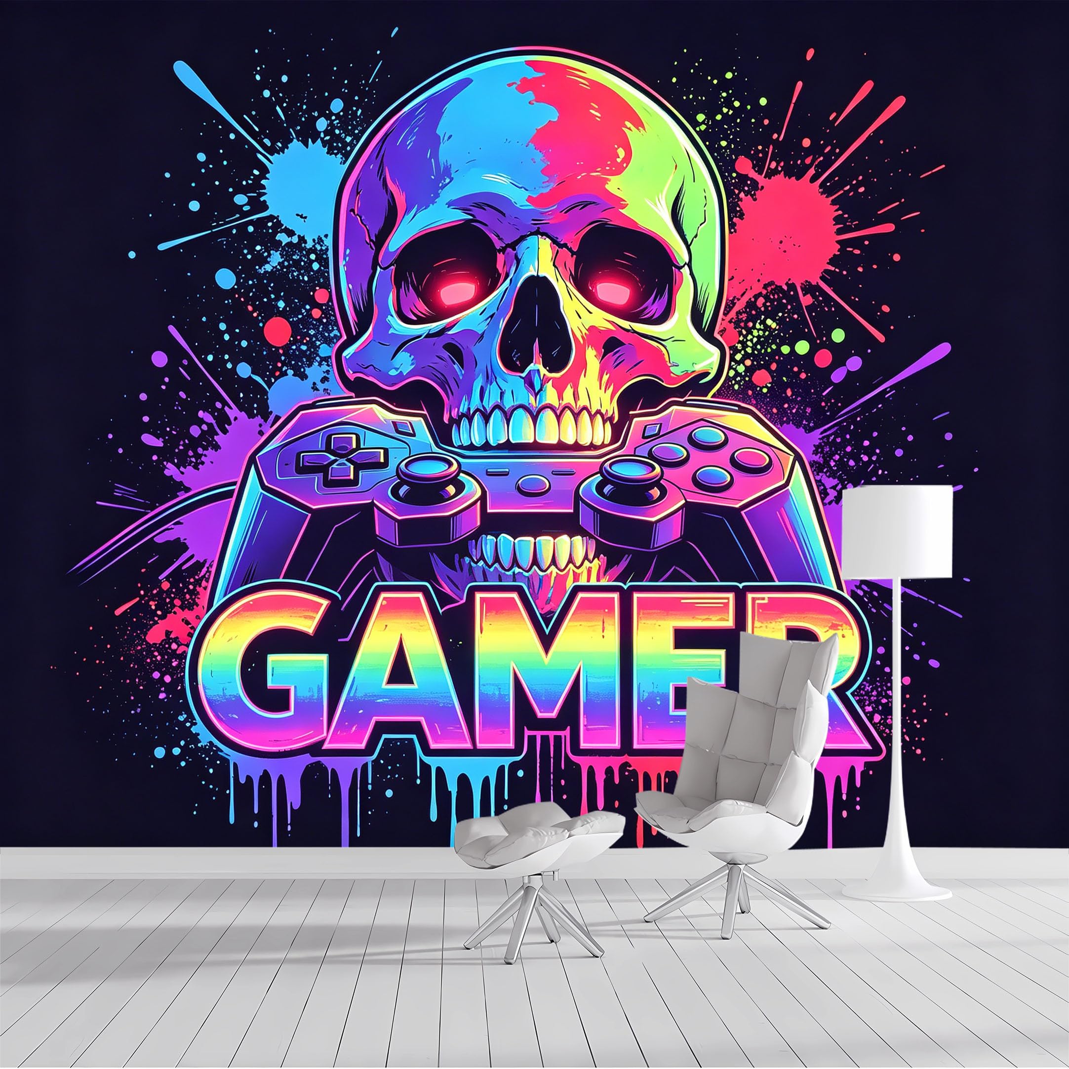 Custom Size Wall Mural Neon Skull Gamer Controller Pop Art Graffiti Modern SelfAdhesive Wall Fabric Removable Peel and Stick Wallpaper Wall Decor for Living Room Bedroom Bathroom