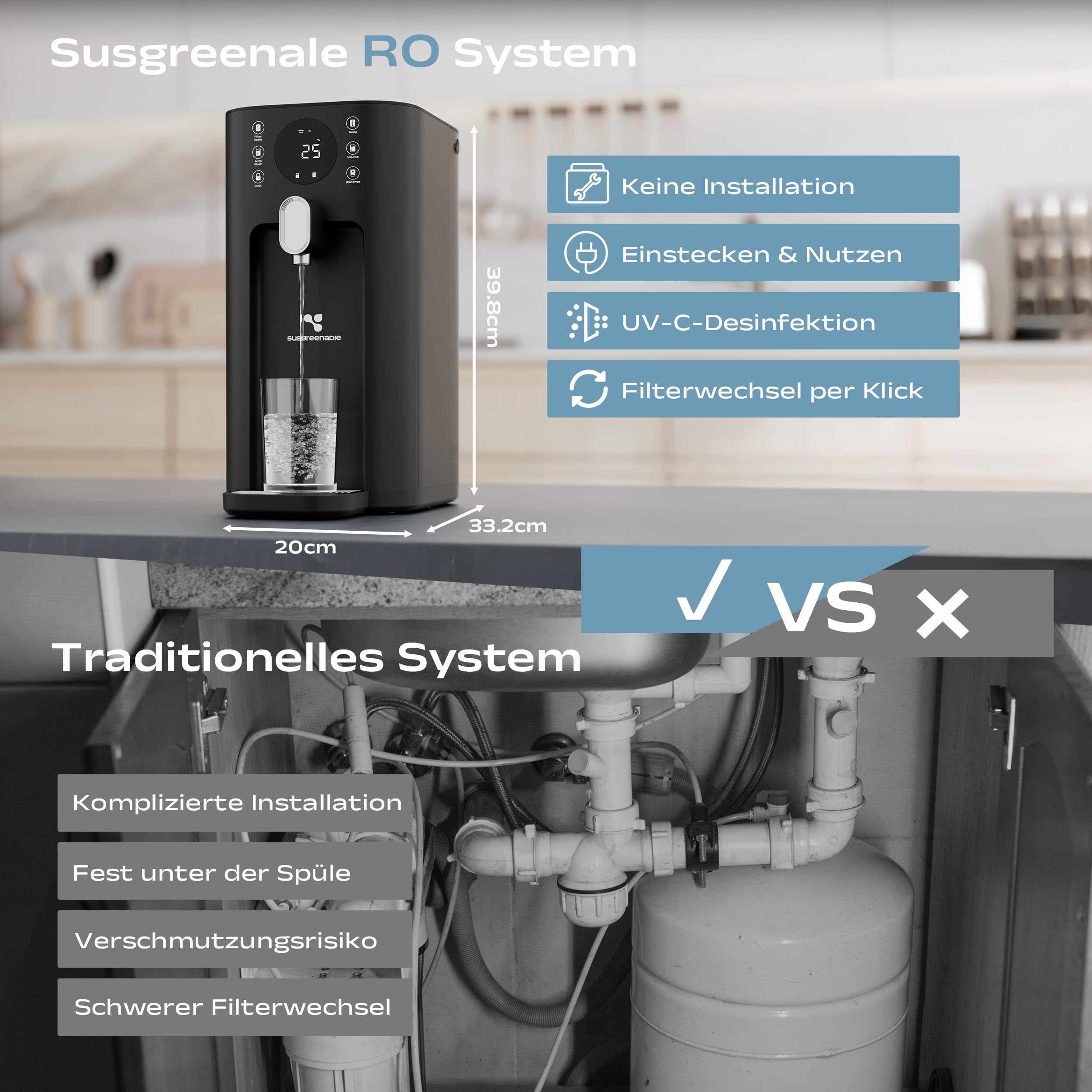 CIARRA X SusGreenable Osmoseanlage Trinkwasser 100GPD, Umkehrosmoseanlage mit Heißwasser, 4 Temperaturen, 5-stufiger RO Wasserfilter SGROF03, Tischgerät, Schwarz