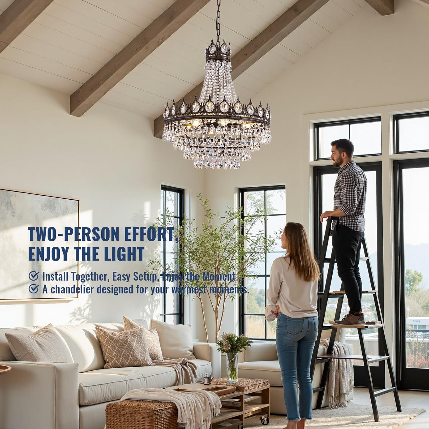 French Empire Crystal Chandeliers,9-Light Antique Bronze Chandelier for Dining Room,Farmhouse Rustic High Ceiling Light Fixture for Foyer, Entryway, Hallway, Living Room (L24 x W24 x H26)