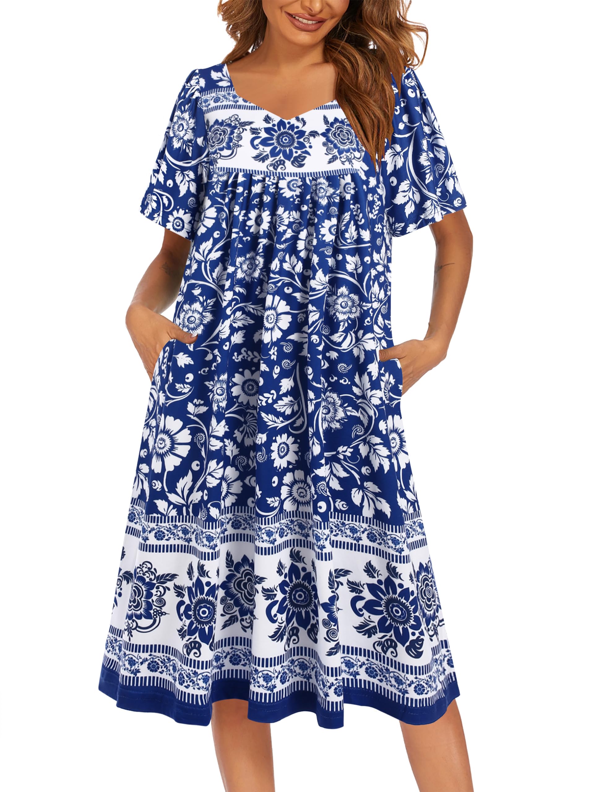 Ekouaer Women's House Dress - Pleated Nightgown with Short Sleeves & Pockets