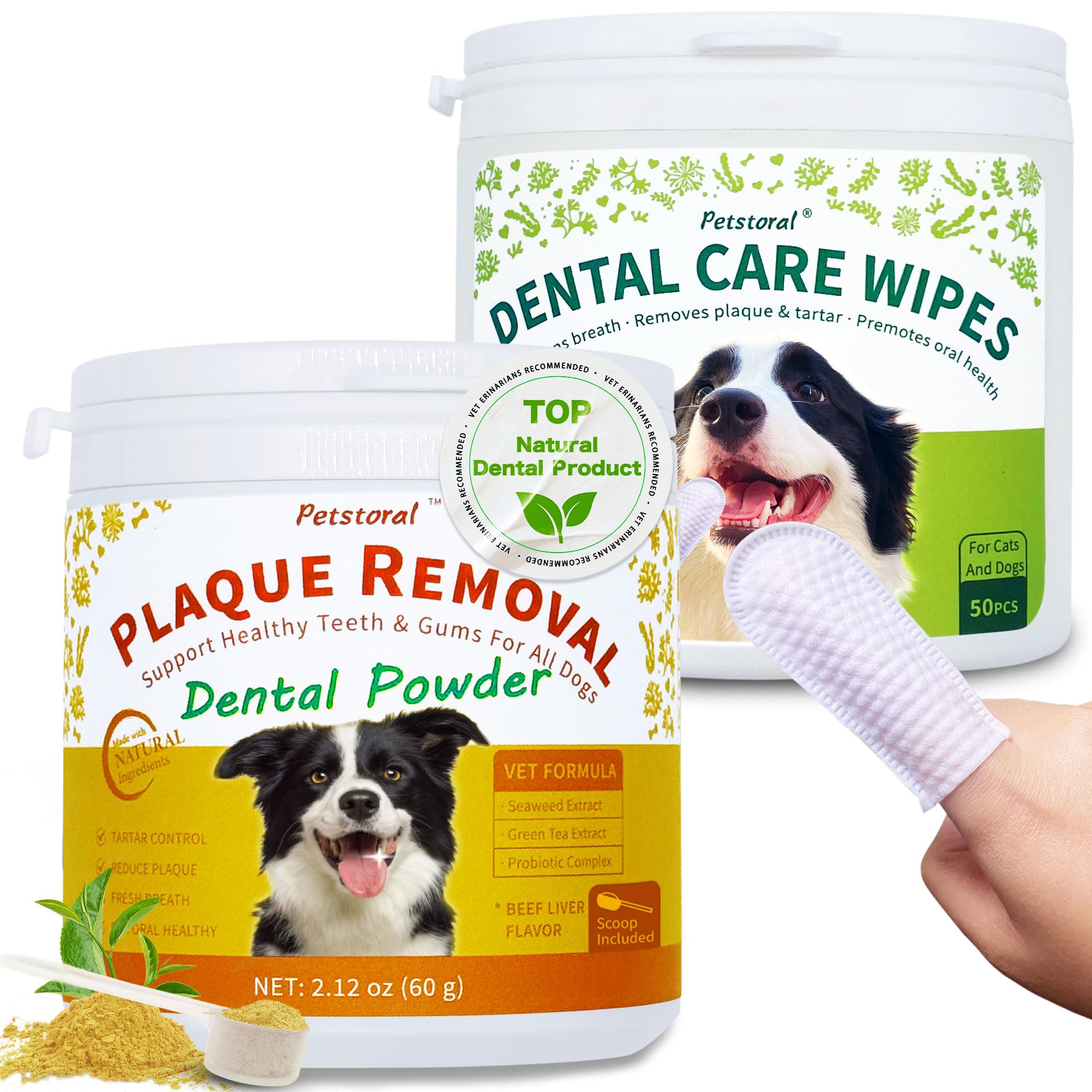 Kit de limpieza dental, toallitas para el cuidado dental para limpiar la placa en la superficie de los dientes, polvo dental con sabor a hígado de res con probiótico para resolver problemas orales