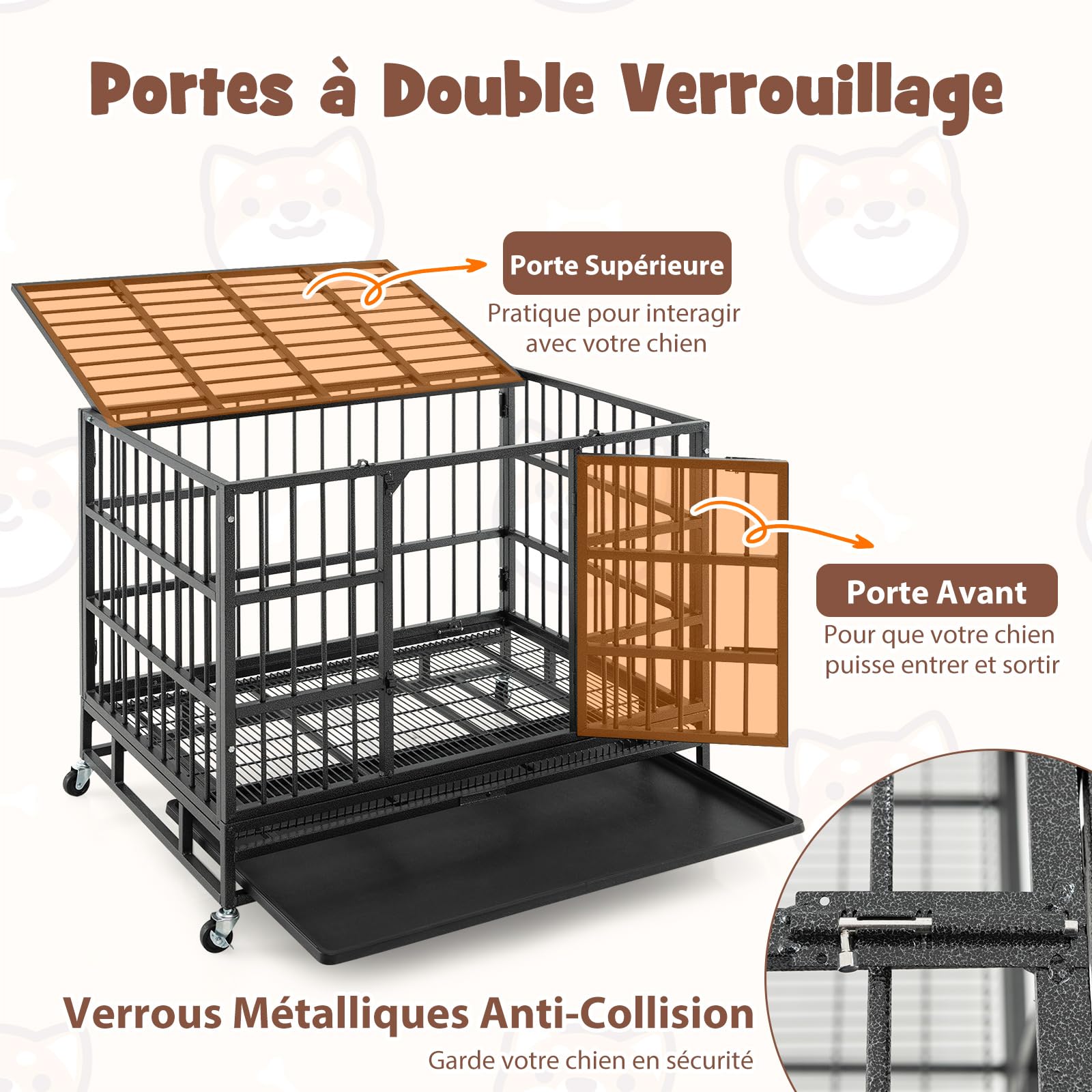 COSTWAY Cage pour Chien, Cage Chien Pliable à roulettes, 2 Portes Verrouillables, Plateau Amovible, Anti-Mastication, Cage Chien Interieur, Cage de Transport pour Chien (L)