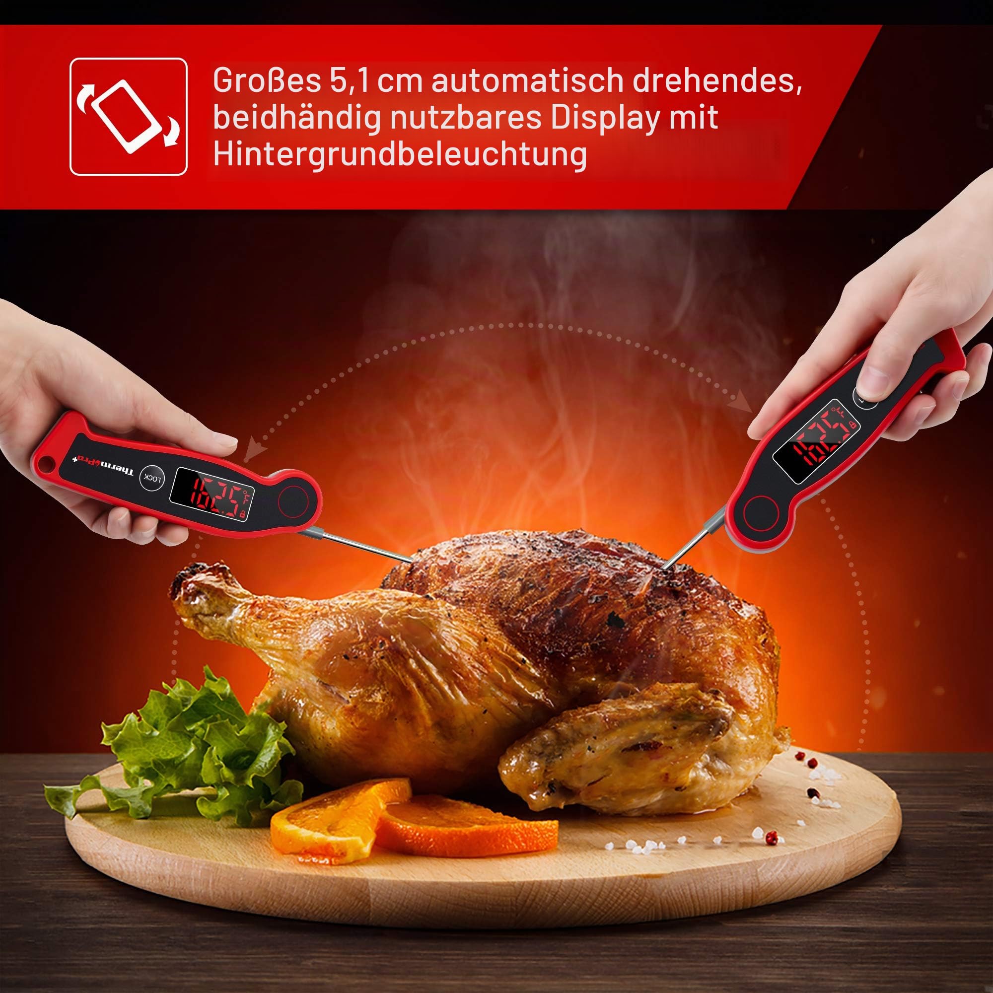 ThermoPro Fleischthermometer IP65 Wasserdicht Grillthermometer 1s Reaktionszeit Küchenthermometer ±0.5℃ Genau Bratenthermometer Einstichthermometer für Braten, Wein, BBQ, LCD