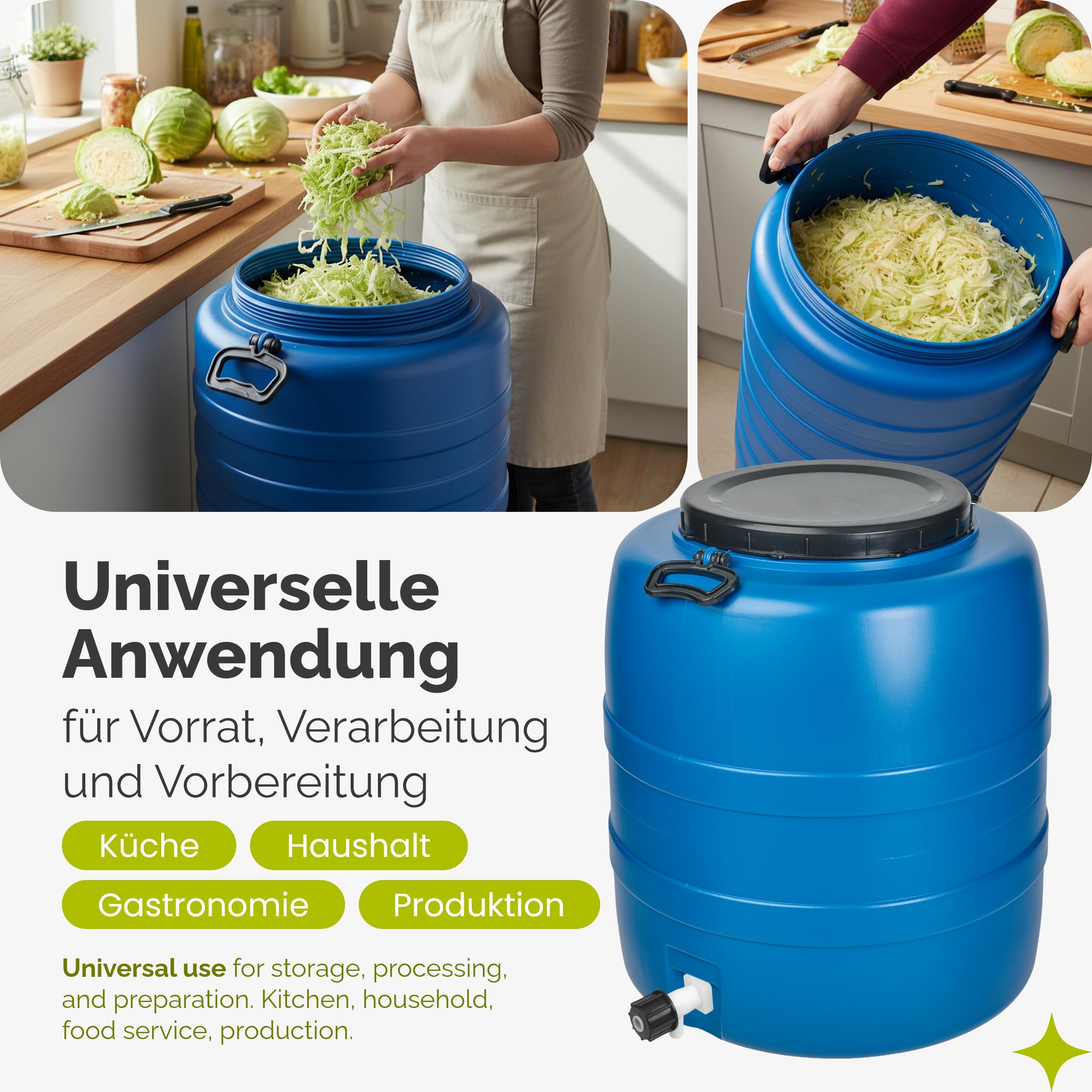 Garronda 120 L mit Hahn Weithalsfass aus HDPE als Kunststofffass und Wasserbehälter für Wasser und Lebensmittel zur Lagerung Fermentierung Regenfass GD-0186 Blau