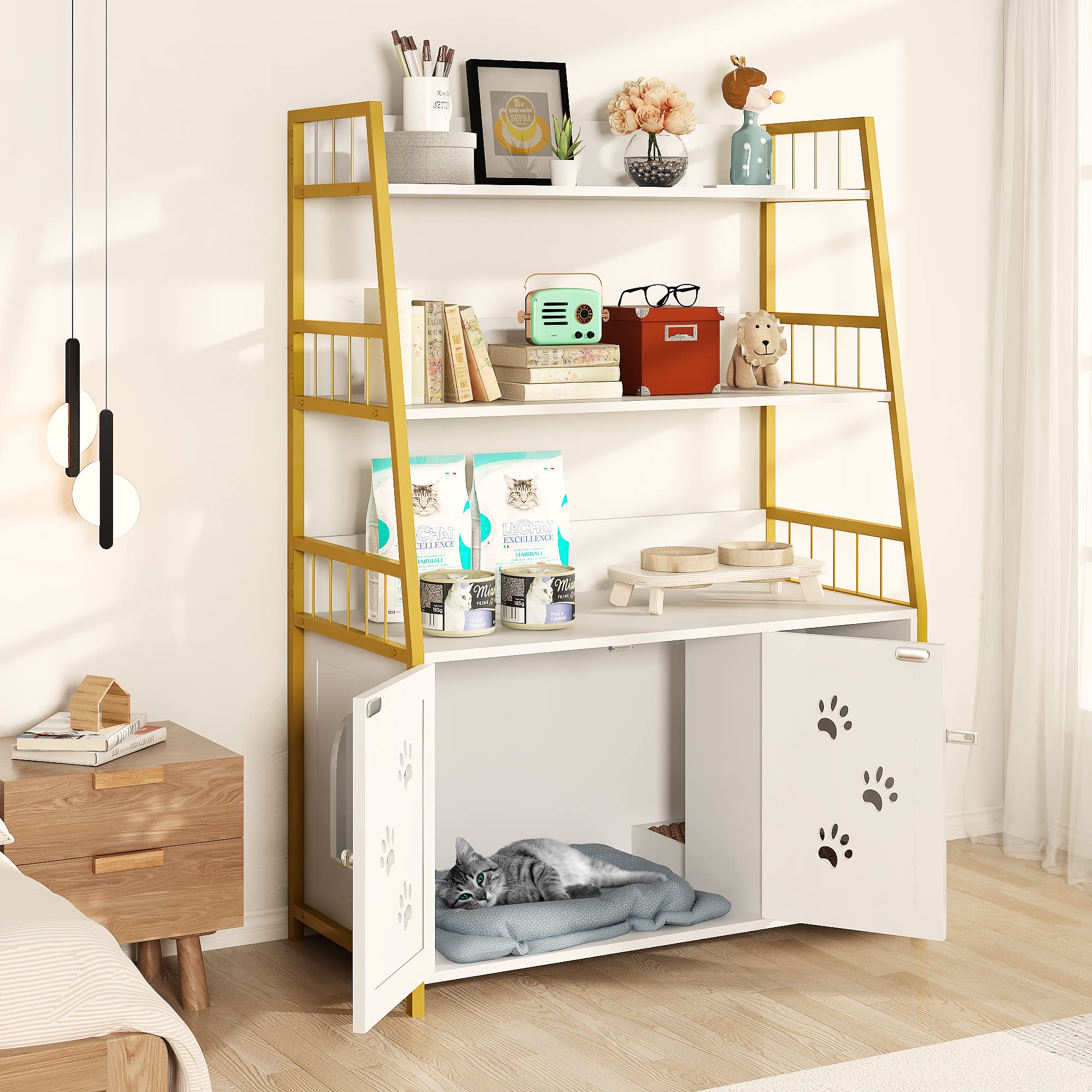 Recaceik Large Cat Litter Box Enclosure with Shelf Storage, Hidden Cat Washroom Furniture, Wooden Cat House with Scratch Pad, Sturdy Indoor Cat Cabinet with 2 Doors, Gold White