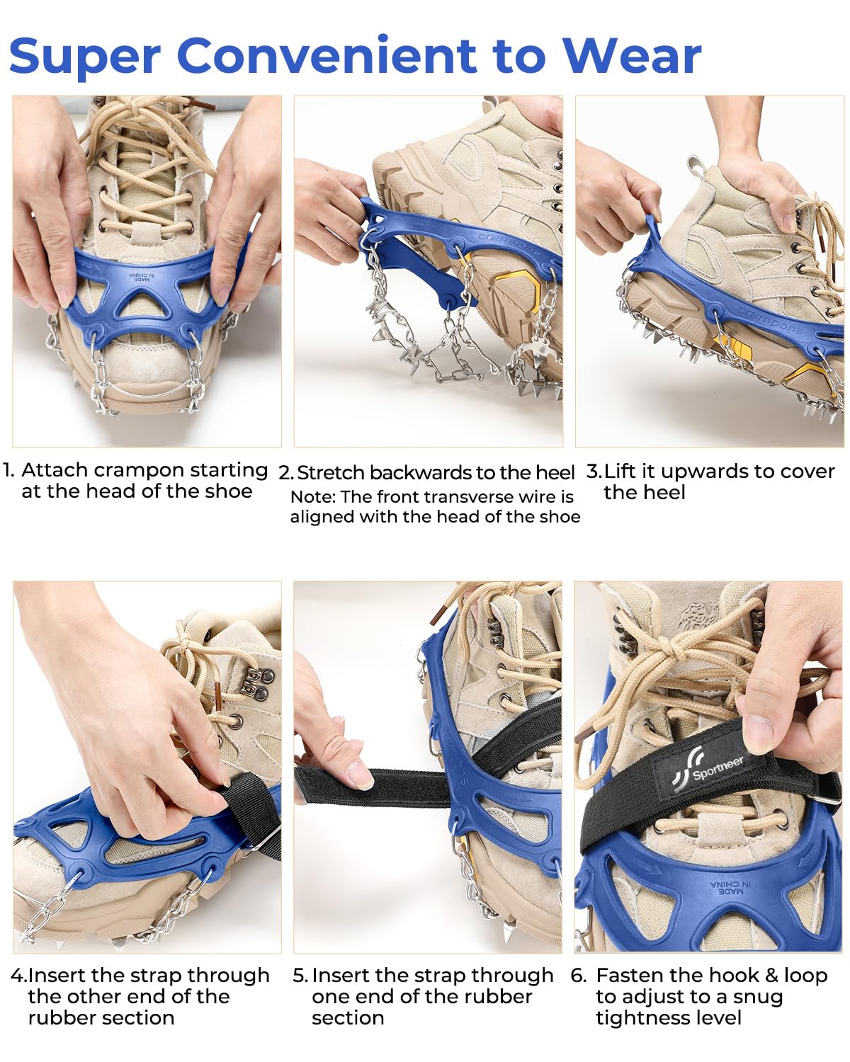 Sportneer Ramponi da Ghiaccio a trazione, 19 Denti 201 Inox Copertura Antiscivolo per Scarpe da Neve, ramponi per scarponi, Protezione sicura per Camminare, Jogging, Pesca, Camp