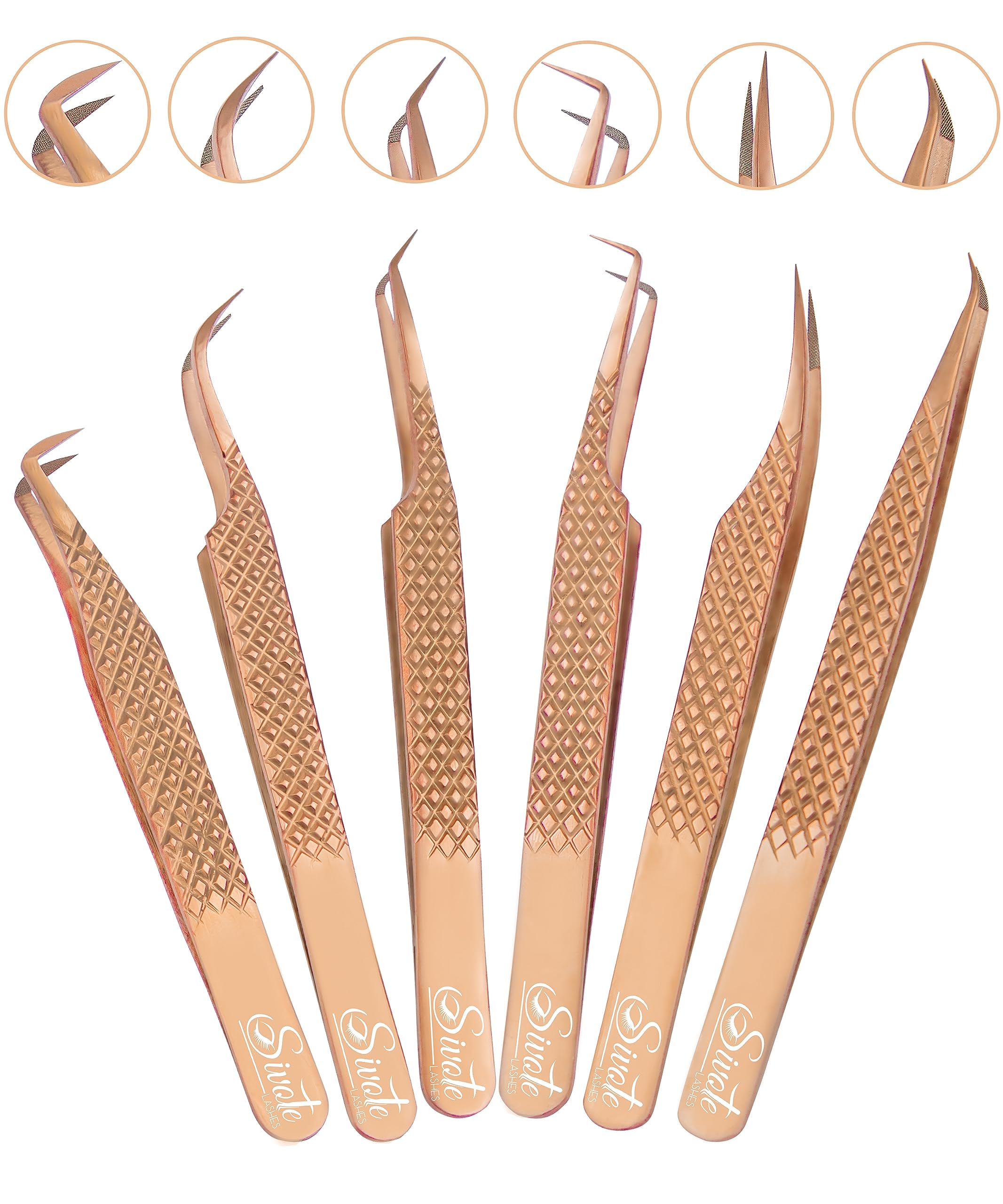 SIVOTE Eyelash Extension Tweezers Fiber Tips, Set of 6, Curved, Dolphin, 90 Degree 45 Degree, Volume Boot & Slight Curved Tweezer, Rose Gold