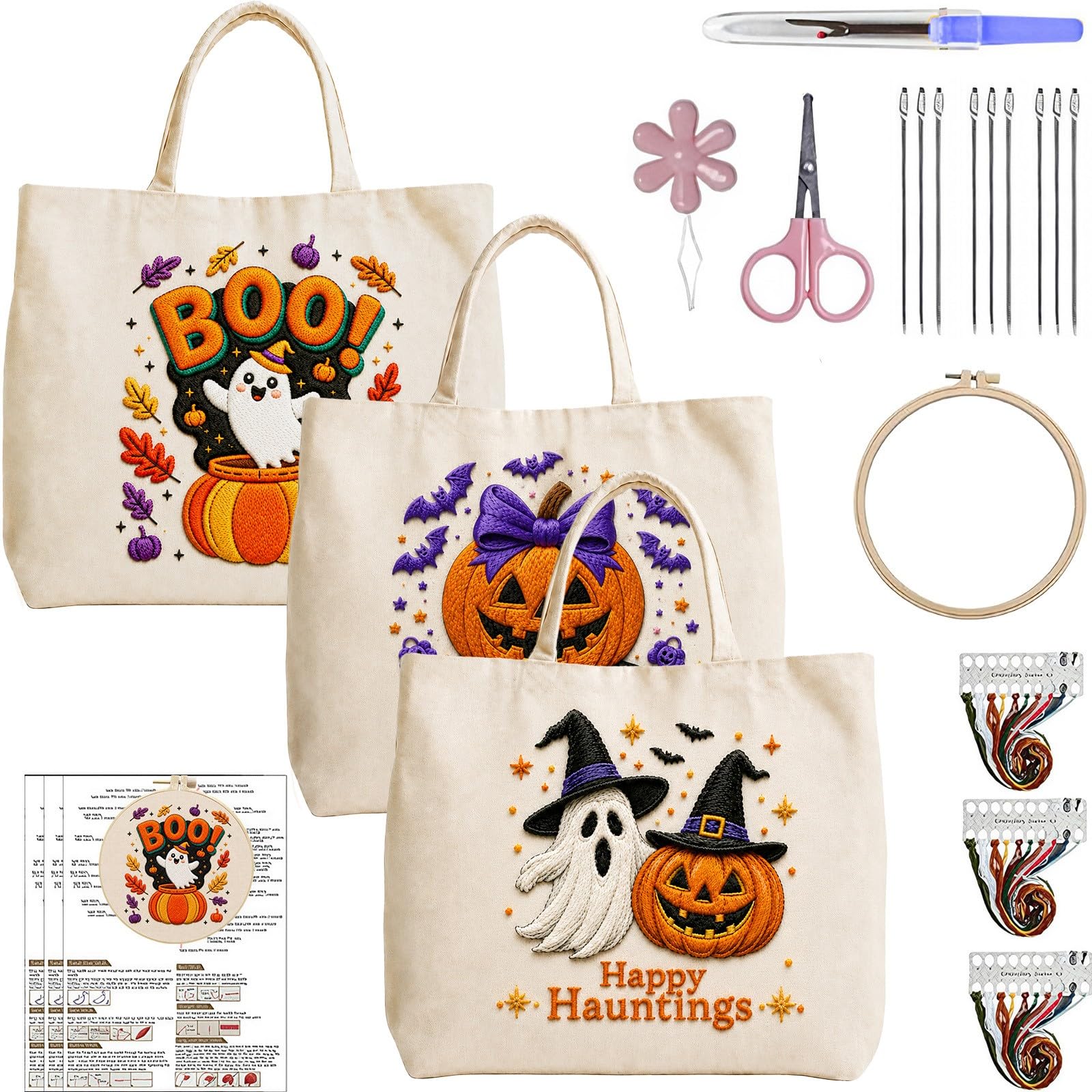 Lebartm 3Pcs Embroidery Tote Bag Kit for Beginners Halloween Canvas Cross Stitch Handbag with Hoops Needles Threads Reusable Grocery Bag for Women-01