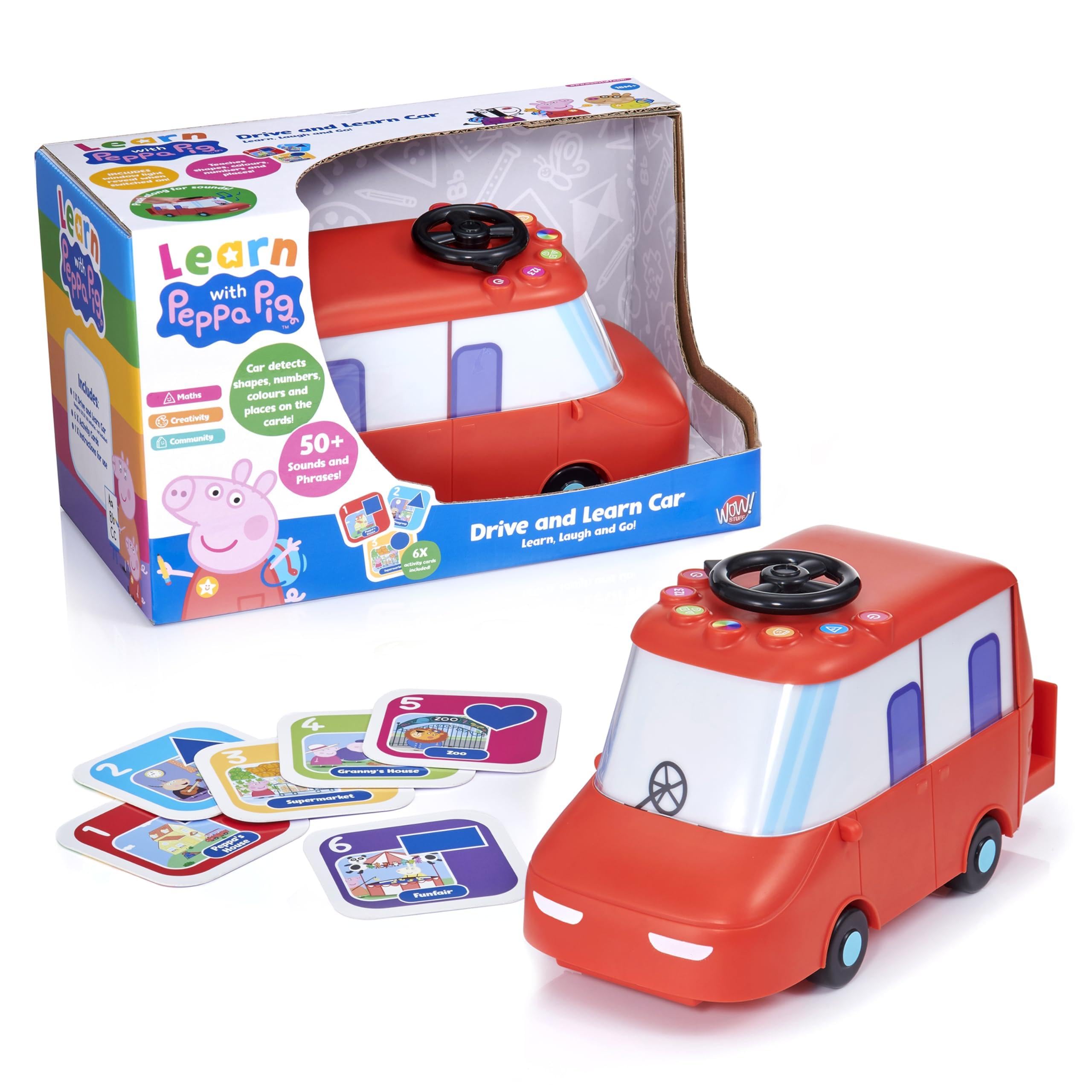 WOW! Stuff Peppa Pig Drive & Learn Car, Interactive Learning Preschool Vehicle with Lights, Sounds & Activity Cards, Toy for Ages 18 Months Plus