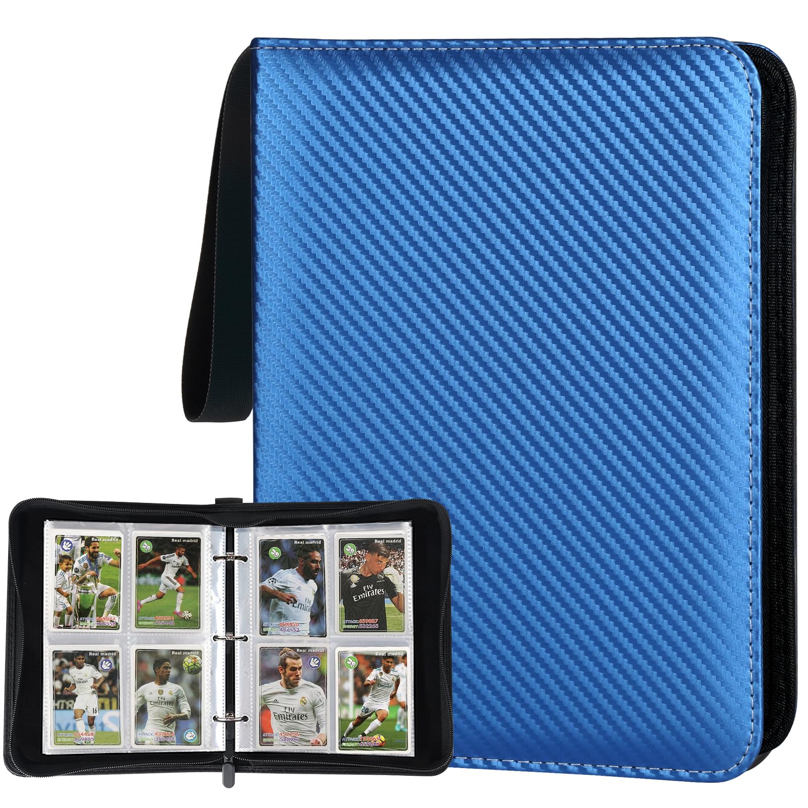 Photo 1 of 4 Pocket Card Binder, Premium Zip Trading Card Binder, 400 Double Sided Pocket PU Card Collection Binder, Collector Card Album, Card Folder for MTG, TCG, Sports Cards, Game Cards (Blue) 400 POCKETS Carbonfiber Blue