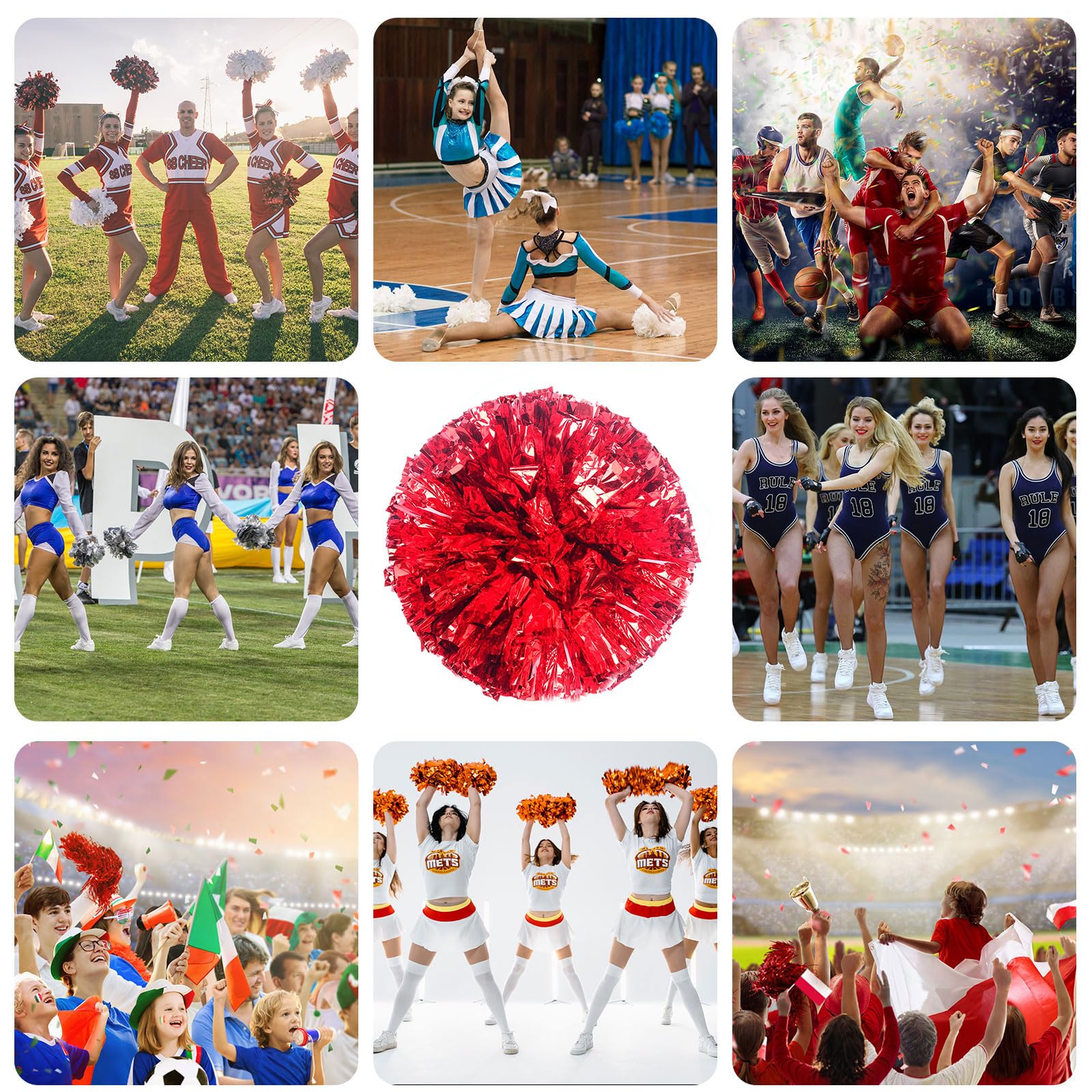 Pompony cheerleaderek, 16 szt. z prostym uchwytem, ręczne pompony drużynowe do drużyny sportowej Cheer Spirit Games, na imprezę taneczną dla dorosłych (czerwone)