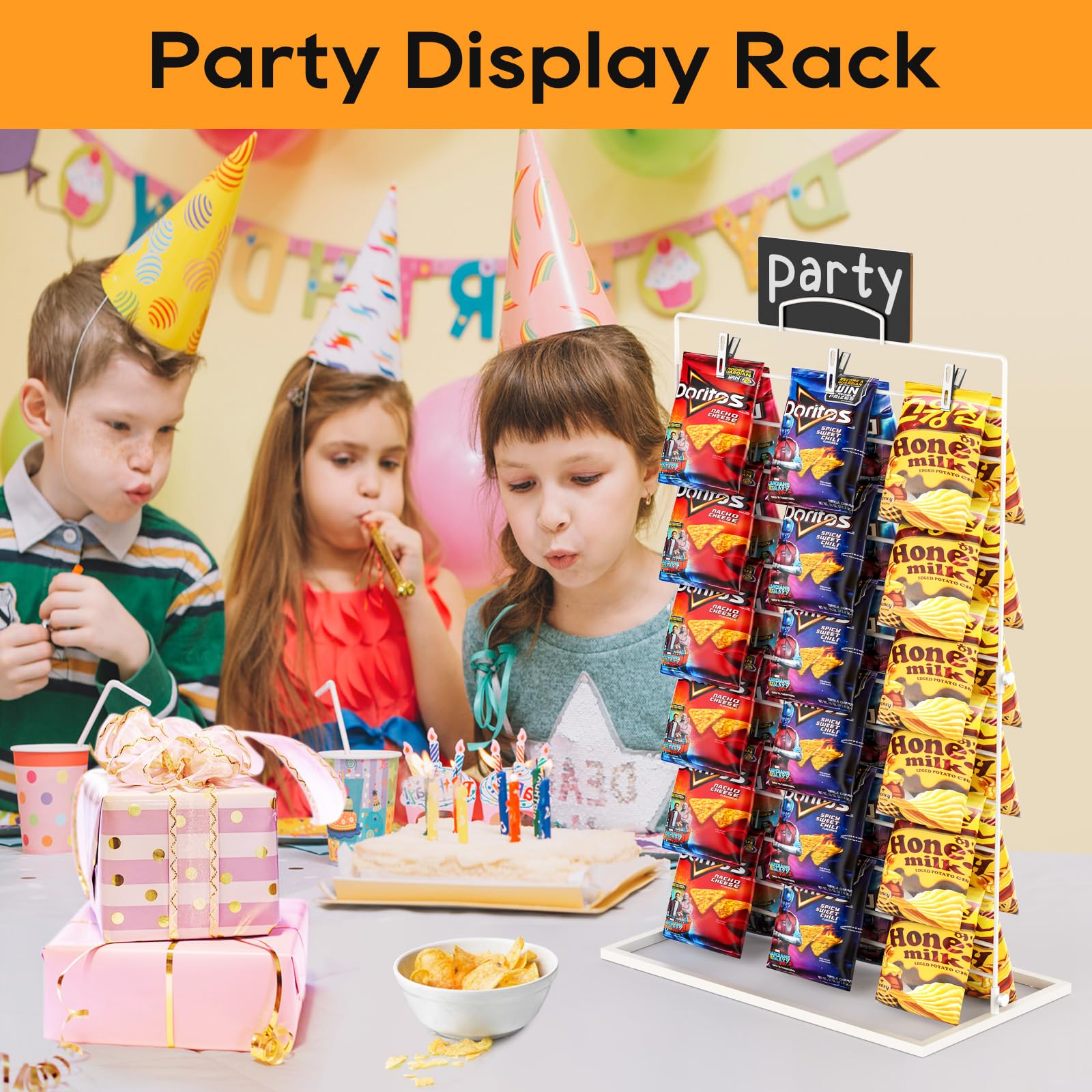 TJ.MOREE Soporte de exhibición para patatas fritas, soporte para bolsas de patatas fritas para fiesta, 60 clips, colgador de aperitivos, estante de exhibición de aperitivos, suministros de soporte de