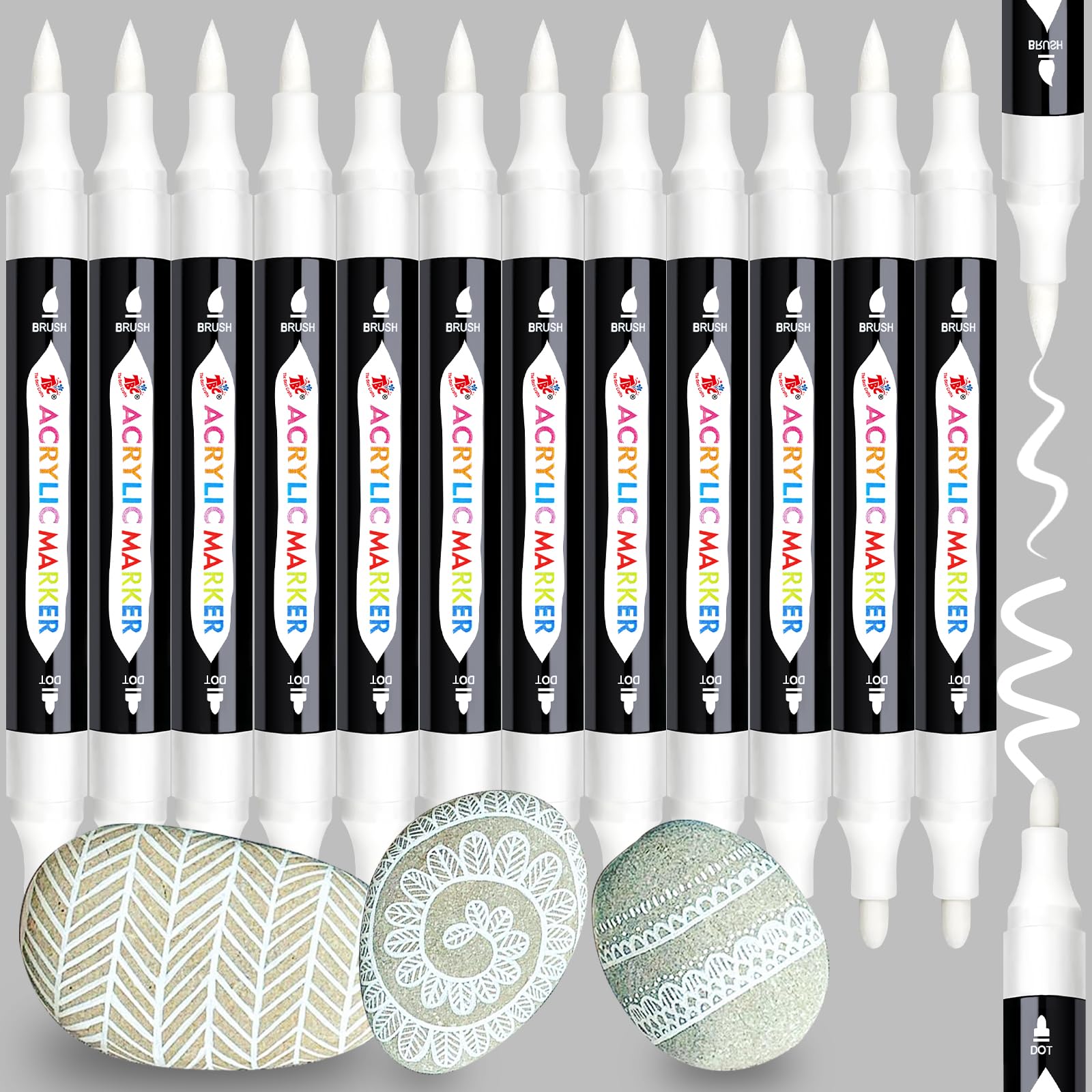TBC The Best Crafts Lápices acrílicos blancos, 12 unidades, doble punta, lápices acrílicos para piedras, resistentes al agua, rotuladores de pintura acrílica, rotuladores de vidrio para lienzo, madera