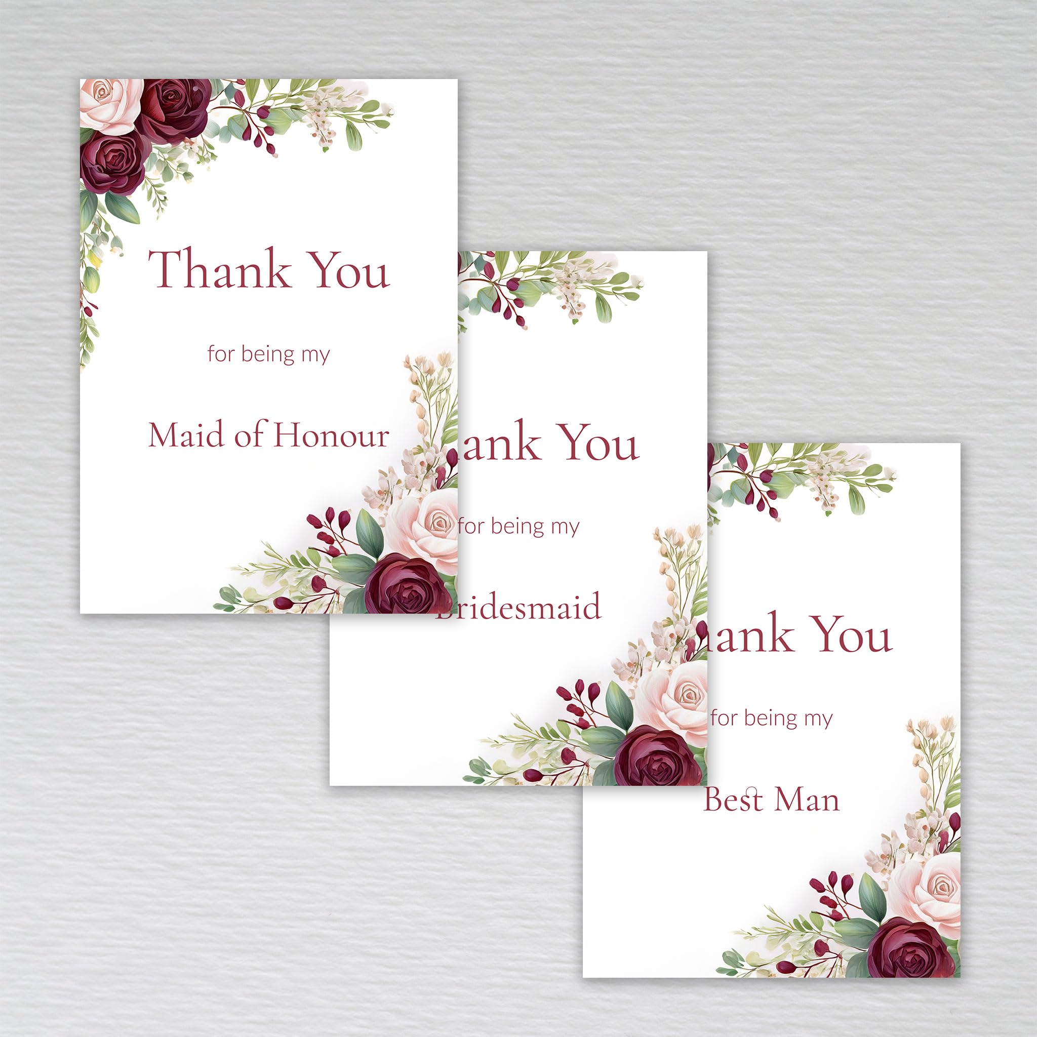 Burgundy Wedding Party Thank You Cards A6 – Floral Rose & Eucalyptus Postcard Style with Burgundy & Maroon, Bridesmaid, Best Man & Maid of Honour Cards (Pack of 9 with Envelopes)