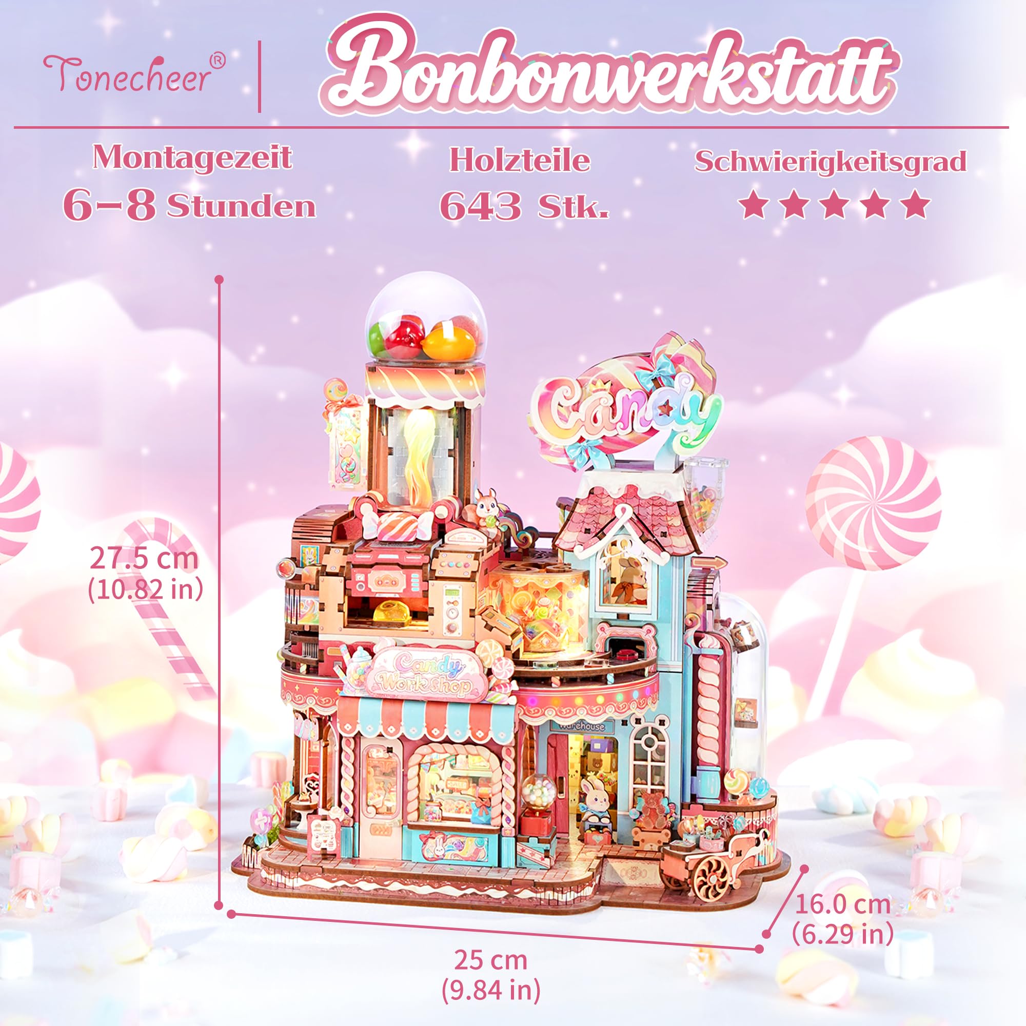 Tonecheer 3D-Holzpuzzle, DIY Holz Modellbausatz Süßigkeitenladen mit Musik, bewegliche Bauteile & Übertragungsstruktur, kreatives Geschenk für Geburtstag & Weihnachten (Bonbonwerkstatt)