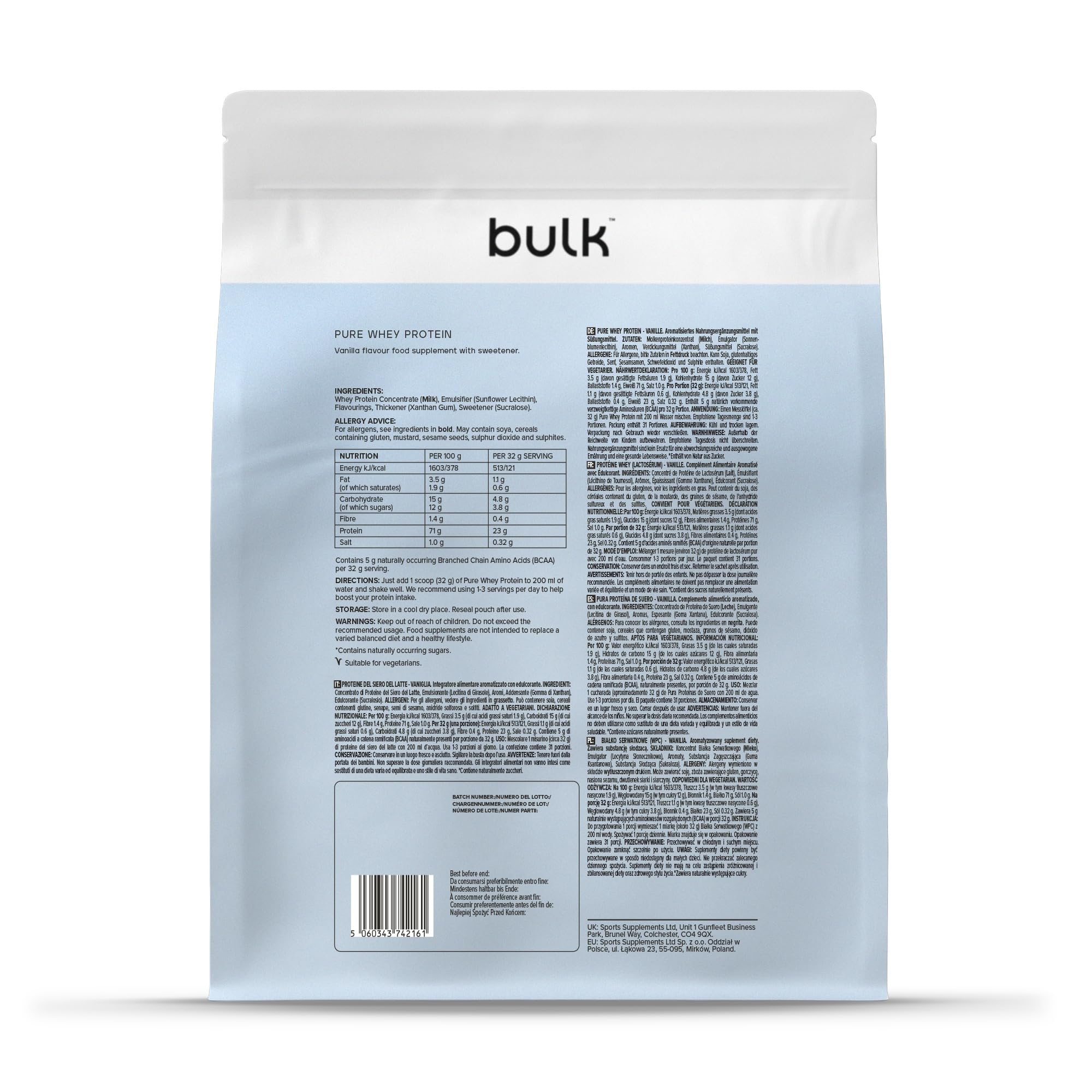 Bulk Pure Whey Proteína en Polvo, Vanilla, 23g Proteína y 5g BCAA por ración, Batido de Whey Concentrado, Bajo en azúcar, Favorece el crecimiento y la recuperación muscular, 1kg