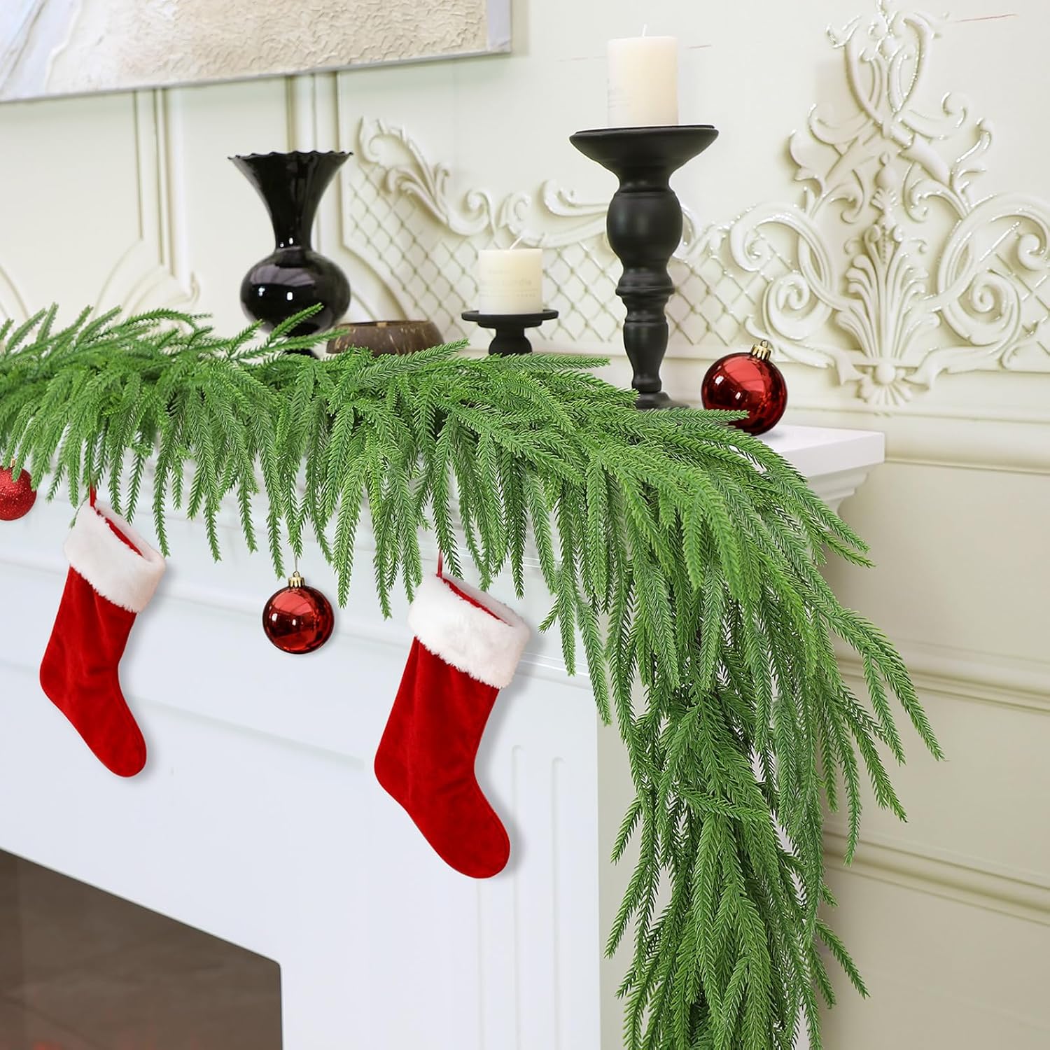 Christmas Garland, 9FT Artificial Norfolk Pine Garland, Real Touch Pine Garland, 96 Branches Christmas Garland for Mantle, Staircase, Banister, Indoor, Outdoor Christmas Decorations - Image 8