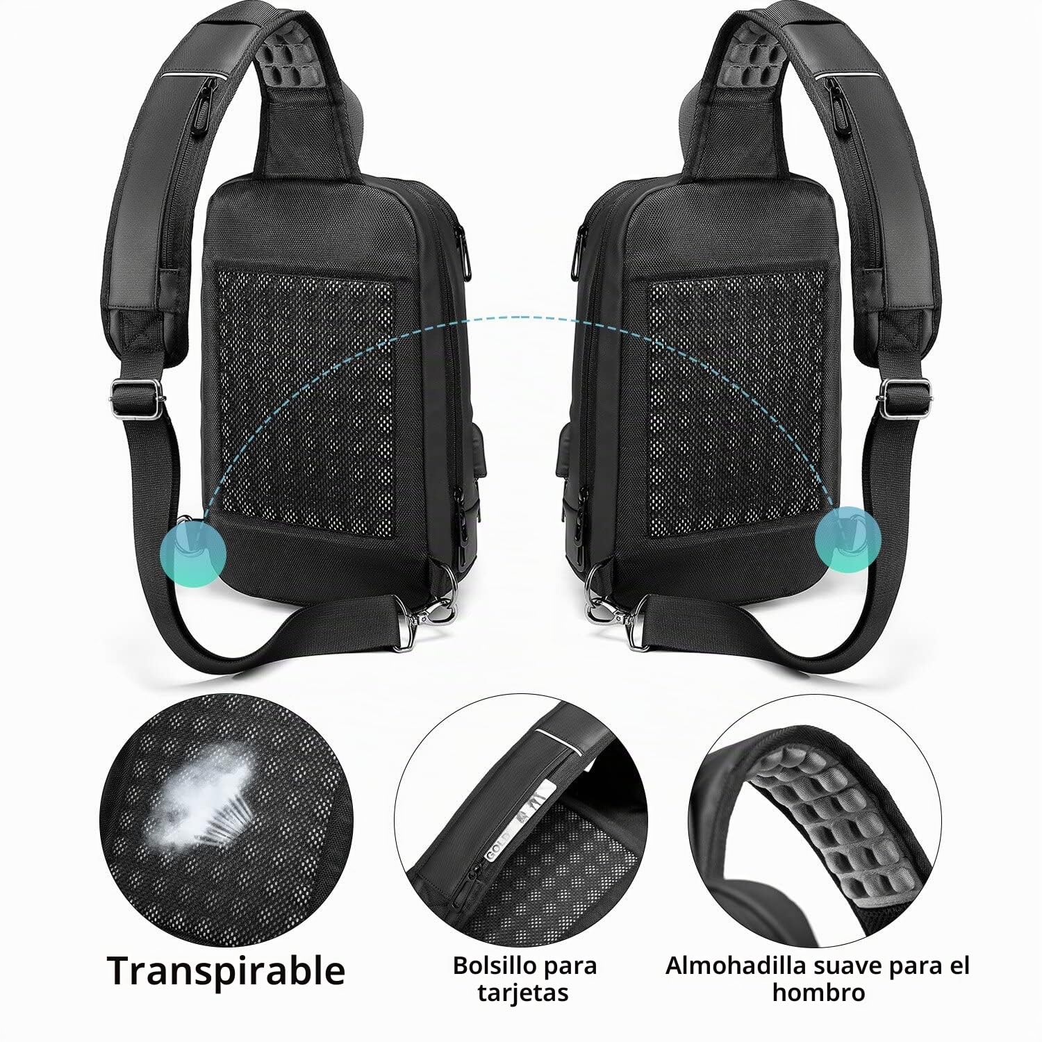 Bandolera Cruzada Hombre Bolso Pecho Grande Impermeable con USB Bolso para Vida Diaria Ciclismo Caminar Viajar y Trabajar-Negro