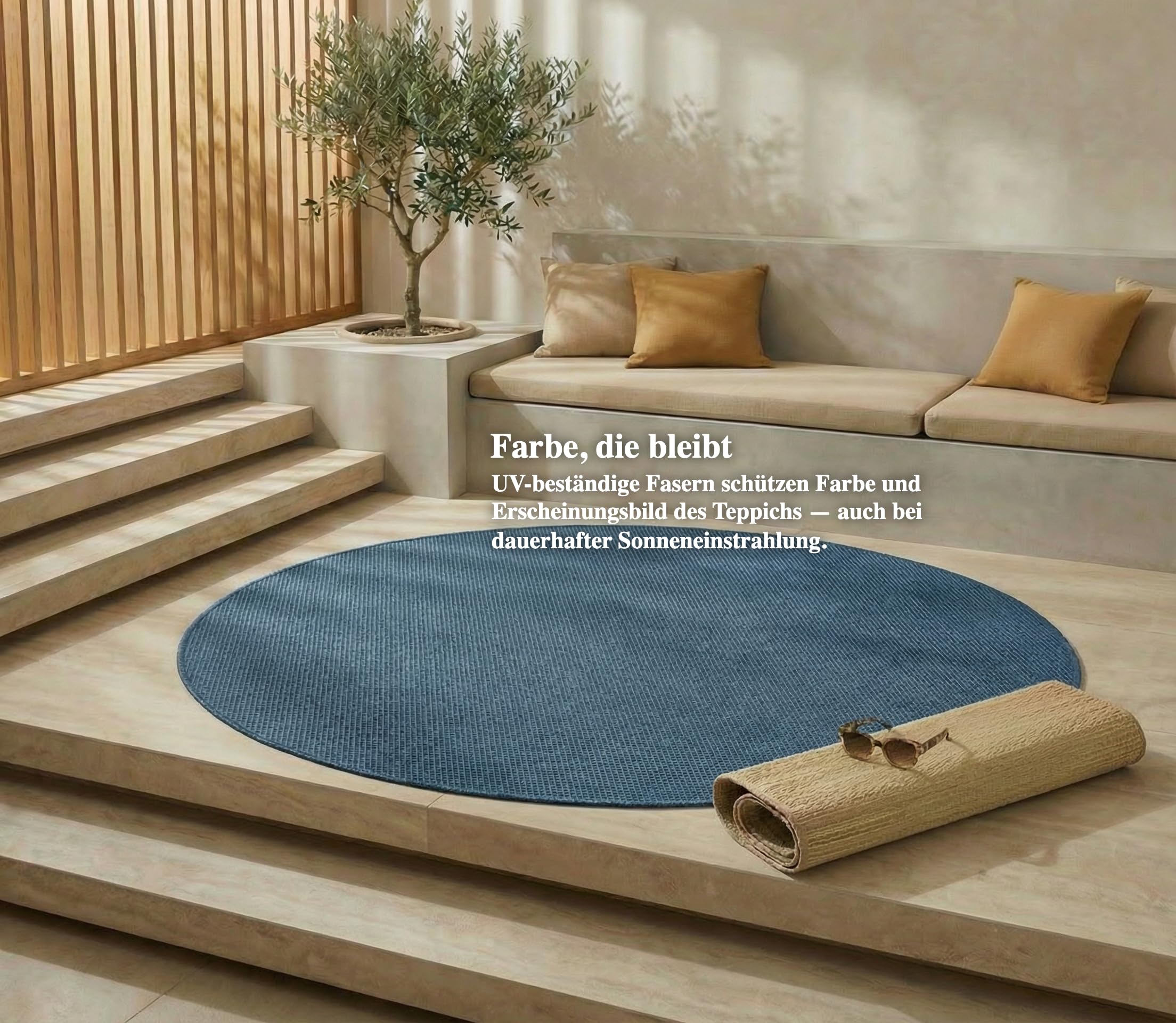 Jimri In- & Outdoor Teppich - Wetterfester Teppich für Balkon, Terrasse, Garten, Wohnzimmer, Küche - Strapazierfähiger Bodenteppich, Widersteht UV-Strahlen & Wasser - Größe 200 cm Rund, Blau