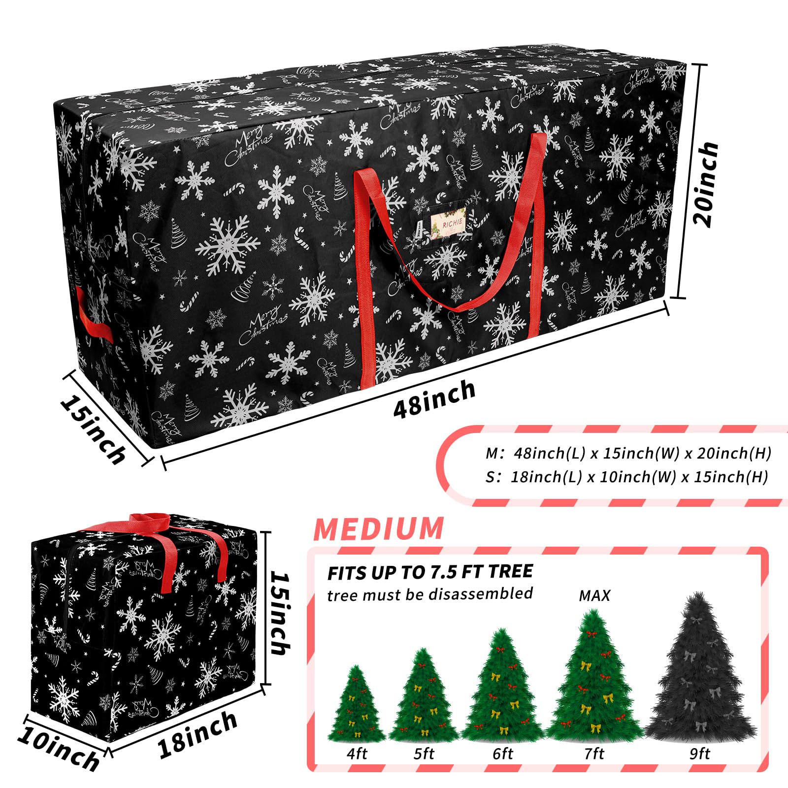 RICHIE Lot de 3 sacs de rangement pour sapin de Noël de 2,7 m - Oxford 600D indéchirable - Convient aux arbres artificiels jusqu'à 2,7 m - Poignées renforcées, fermeture éclair et durables - Sacs de