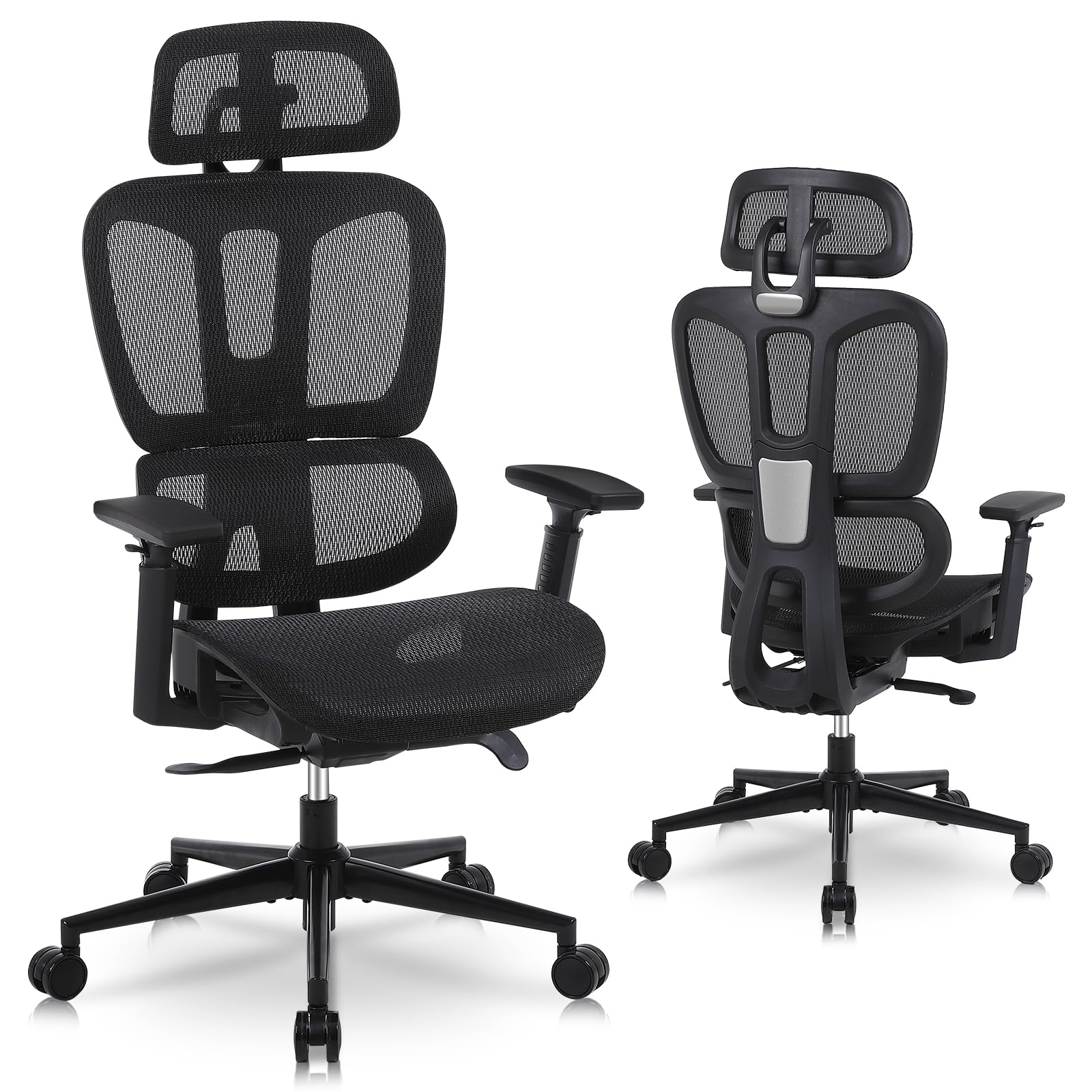 Ergonomic Office Chair with Lumbar Support, High Back Home Desk Chairs with Adjustable Seat Depth, 3D Armrests & Headrest, for Office and Home, Black