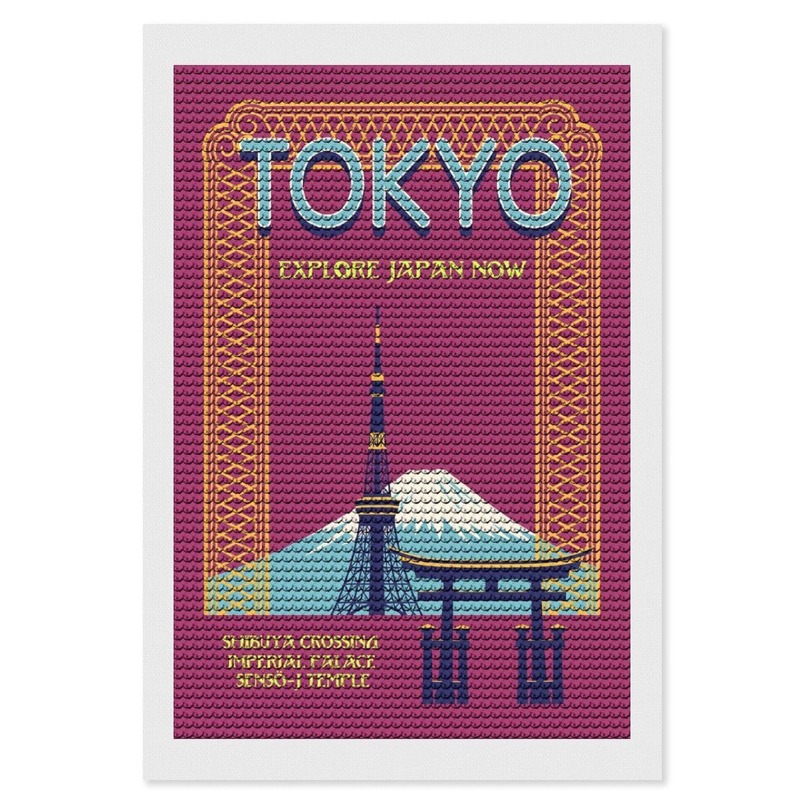 Junmoney Tokyo DIY Diamond Art Canvas Kit 8"x12", Farmhouse Decor, Vintage Style Decor, Handmade Wall Decor, Canvas Picture