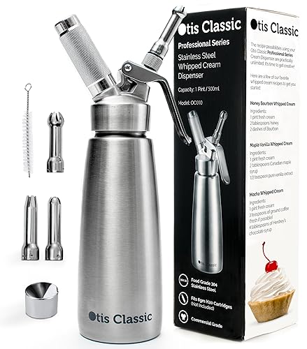 Otis Classic Whipped Cream Dispenser Stainless Steel - Professional Whipped Cream Maker - Gourmet Cream Whipper - Large 500ml / 1 Pint Capacity Canister - Includes 3 Culinary Decorating Nozzles - Whipped Cream Dispenser Set
