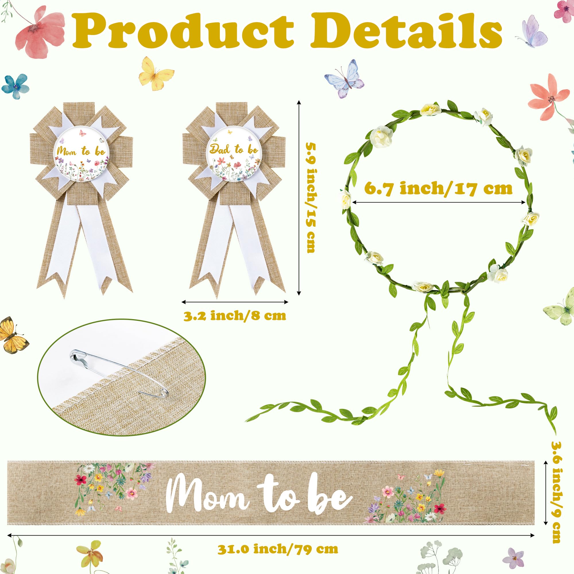 R HORSE 5Pcs Mom to Be Sash Dad to Be Pin, Wildflower Neutral Burlap Maternity Sash Corsage Pin and Flower Crown Headband, Gender Reveals Party Baby Shower Decorations Pregnancy Props Keepsake Gifts